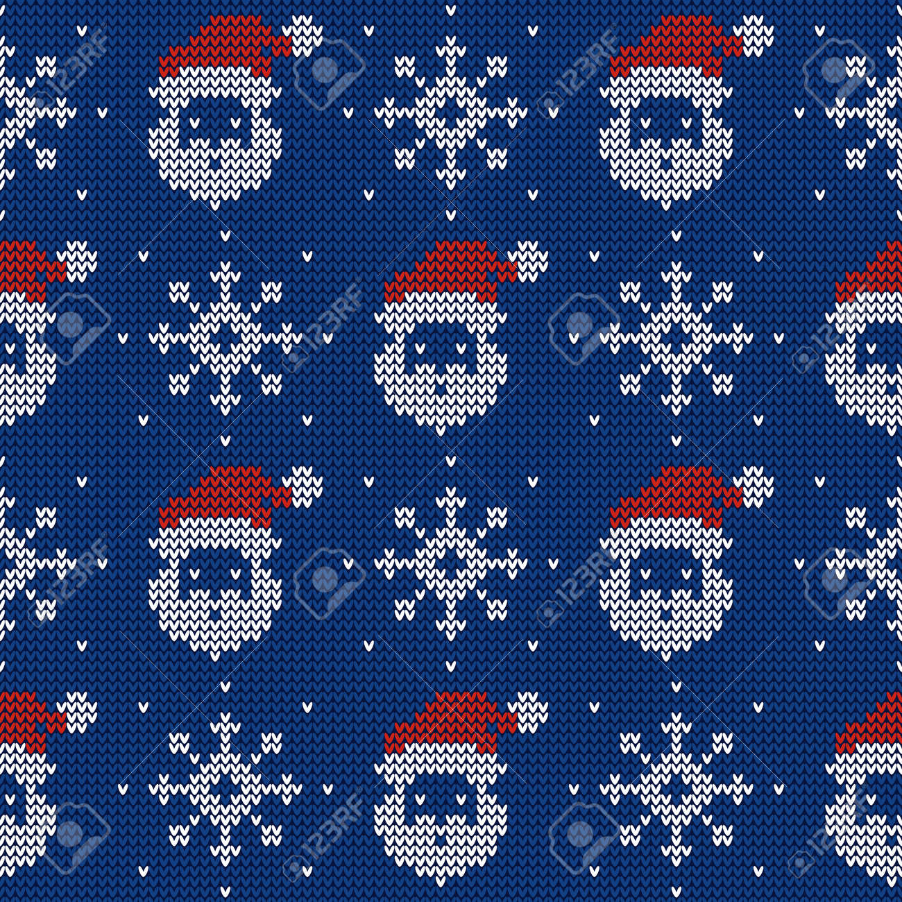 Knitted seamless pattern with Santa Clauses and snowflakes. Vector background. Blue, red and white sweater ornament. - 159194977 Knitted seamless pattern with Santa Clauses and snowflakes. Vector background. Blue, red and white sweater ornament. - 159194977