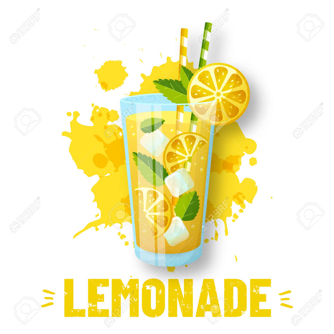 Lemonade - vector illustration. Modern banner with glass and juice splashes isolated on white background. Fresh and sweet summer drink with lemon slices, ice and mint. - 169243827 Lemonade - vector illustration. Modern banner with glass and juice splashes isolated on white background. Fresh and sweet summer drink with lemon slices, ice and mint. - 169243827