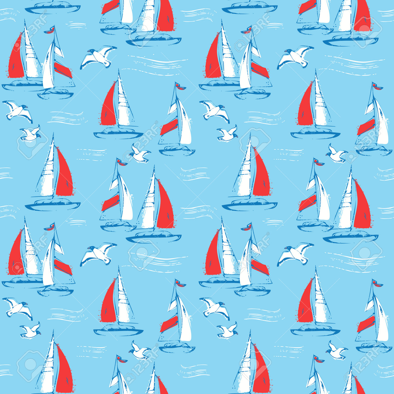 Nautical seamless pattern with sail boats and seagulls. Sea background. Vector illustration. - 171146585 Nautical seamless pattern with sail boats and seagulls. Sea background. Vector illustration. - 171146585