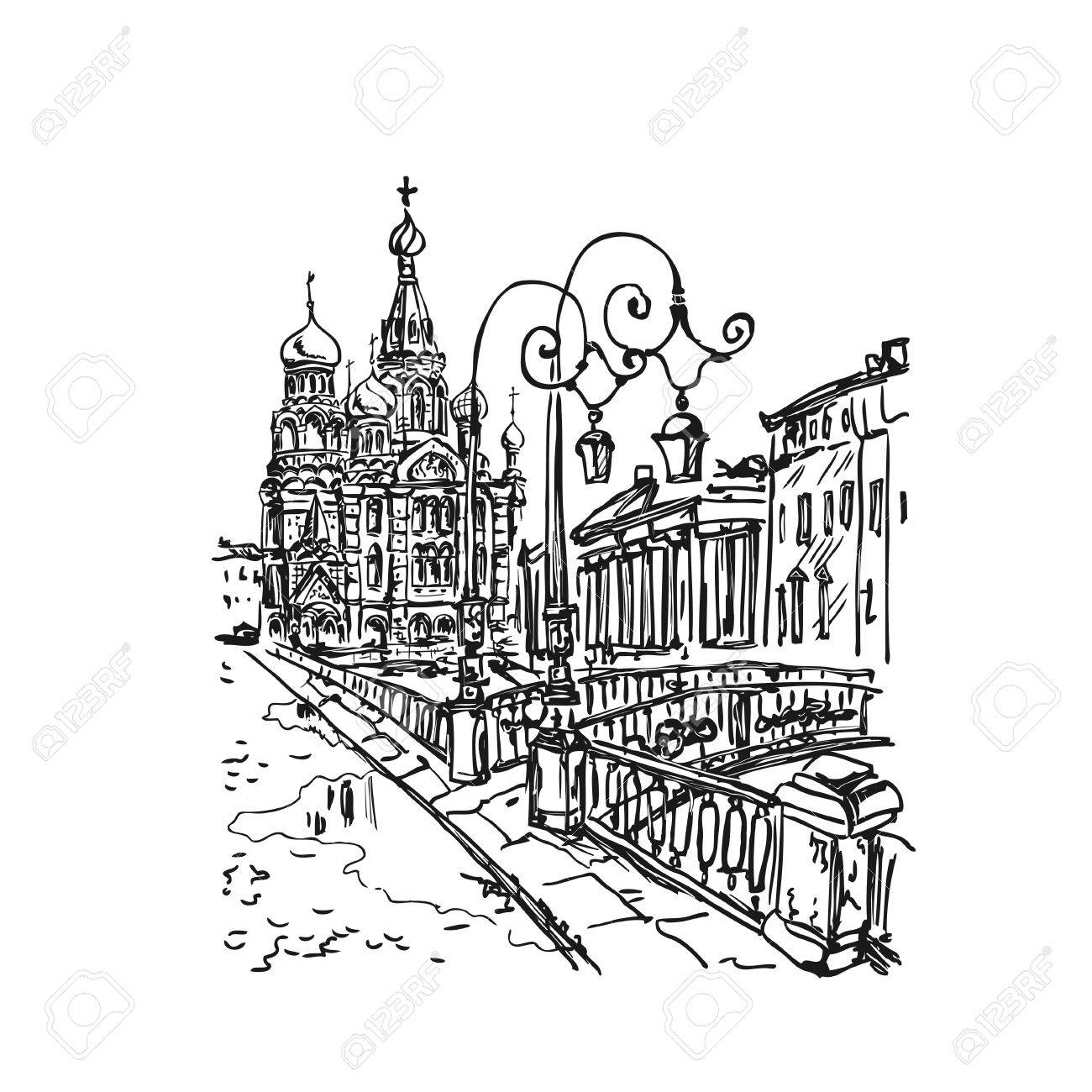 こぼした血の上の教会やグリバエドバ運河のロシア連邦 サンクトペテルブルクの救世主の復活教会をスケッチします ベクトルのイラスト素材 ベクタ Image
