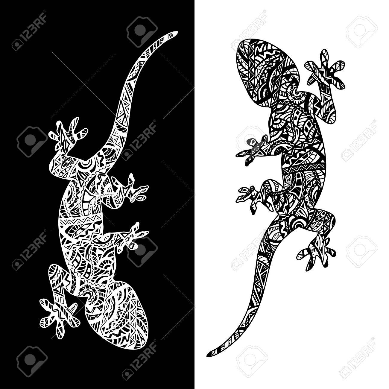 エスニック スタイルで芸術的なラインを描いた 2 つのトカゲの集合をベクトルします 織物の捺染 彫刻 招待状 はがきで使用できます の イラスト素材 ベクタ Image