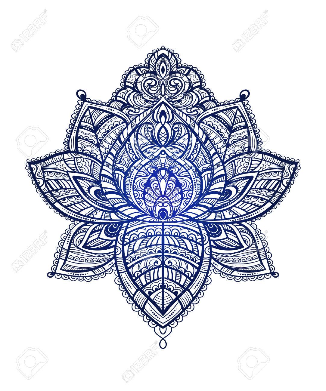 Hand Drawn Orner Ornementale Lotus Tattoo Avec Des éléments De La Géométrie Sacrée Des Plumes Indiennes Paisley Perles Art Ethnique Spiritisme