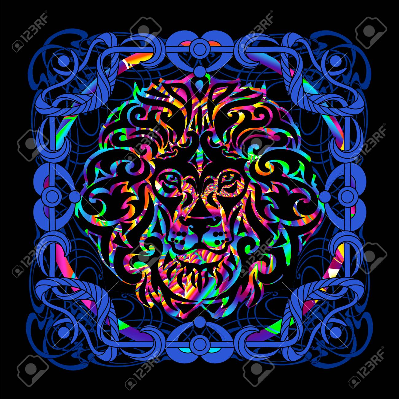獅子の頭は レトロなスタイルでサイケデリックな絵です 人気のビンテージ グラフィック ポスターとポスター 1960 年代から 1980 年代に アール ヌーボーとヒッピー アート ゴア トランス アート のイラスト素材 ベクタ Image