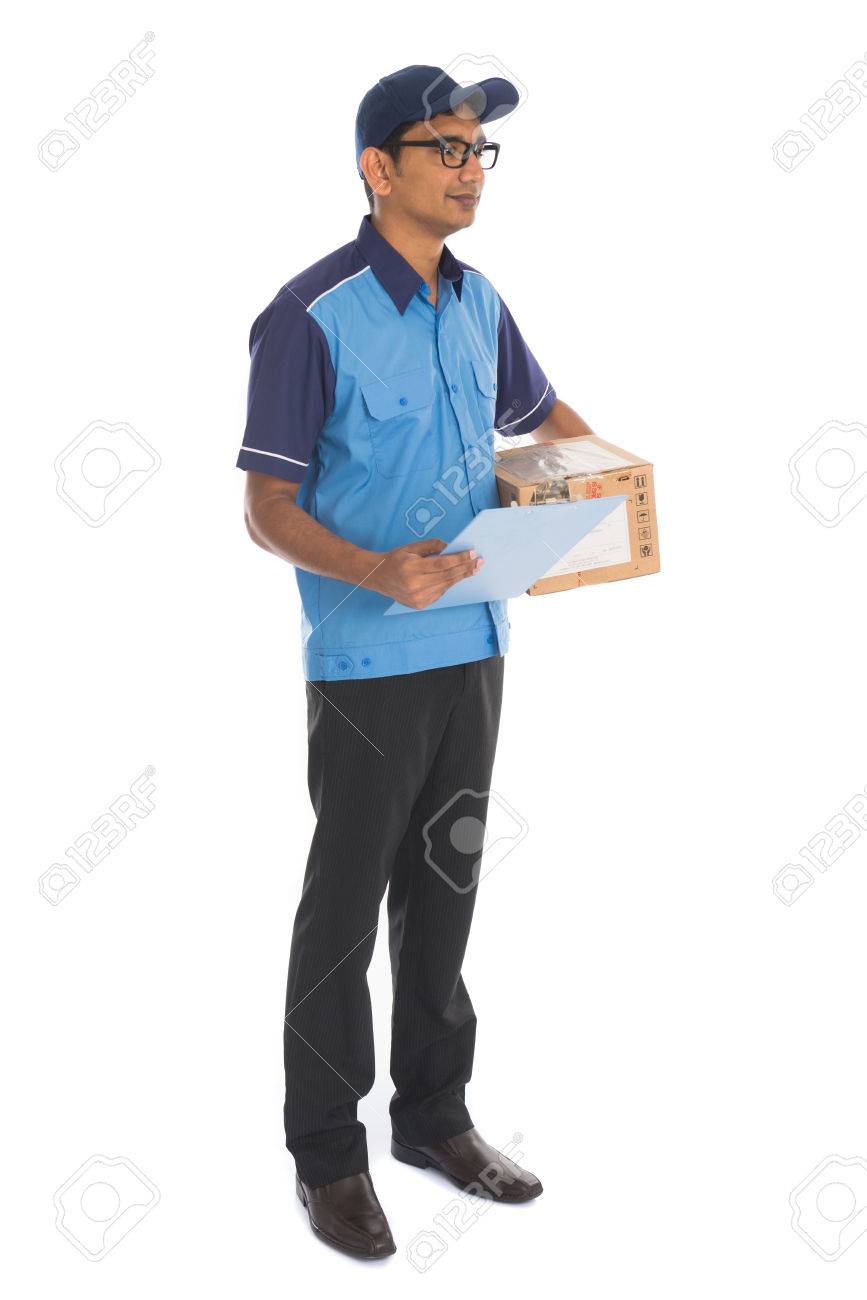 indian delivery man in blue uniform stock photo picture and royalty