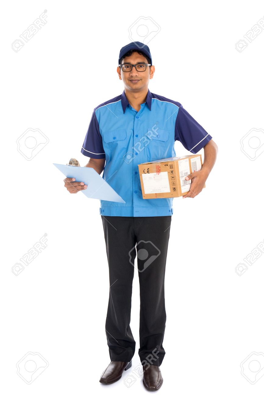 indian delivery man in blue uniform stock photo picture and royalty