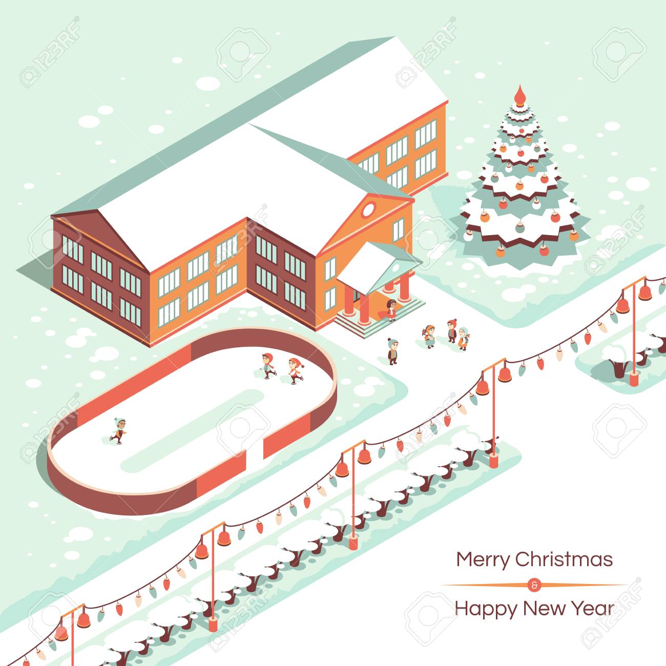 冬の風景 学校 クリスマスと新年の間の学生 のイラスト素材 ベクタ