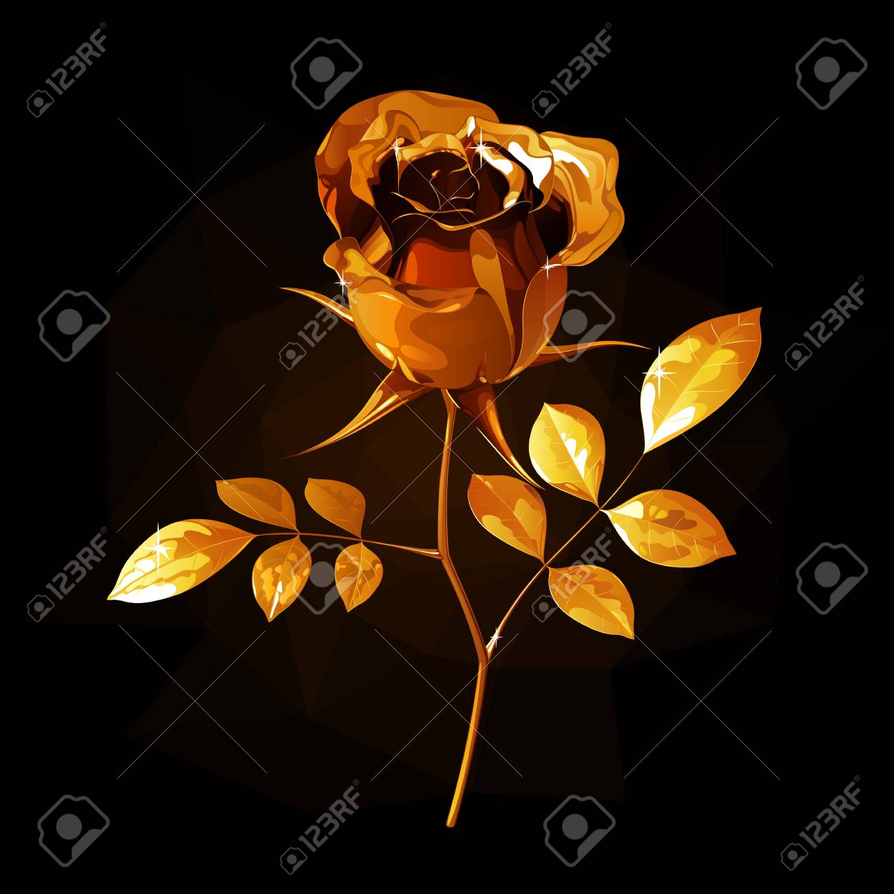 金は花びらと葉でバラを 光とまぶしさの黒い背景に短い茎の上に のイラスト素材 ベクタ Image
