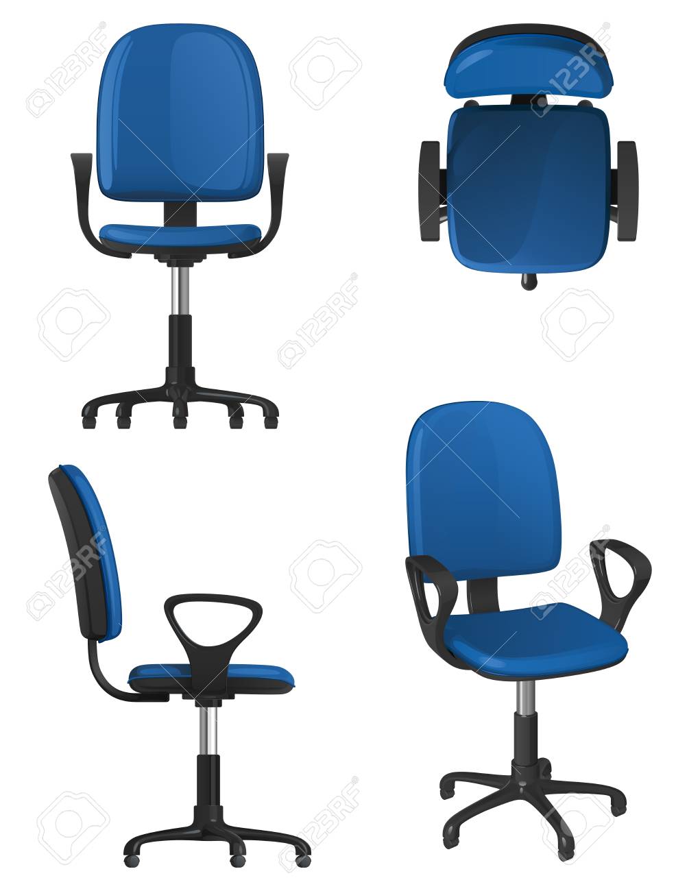 白い背景に青い装飾シートと背もたれが付いた 車輪のねじれオフィスチェア 正面図 側面図 上面図 一般図 のイラスト素材 ベクタ Image