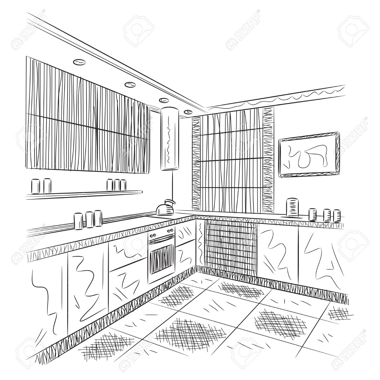 Küche Interieur Skizze. Hand gezeichnet Vektor-Illustration Küche Interieur Skizze. Hand gezeichnet Vektor-Illustration