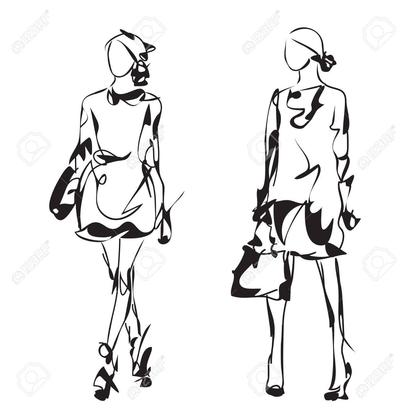 fashion model sketch cartoon girl woman in the dress royalty free sketched models