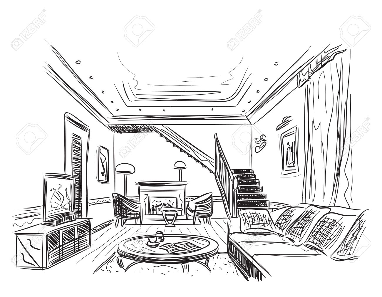modern interior room sketch hand drawn illustration royalty free