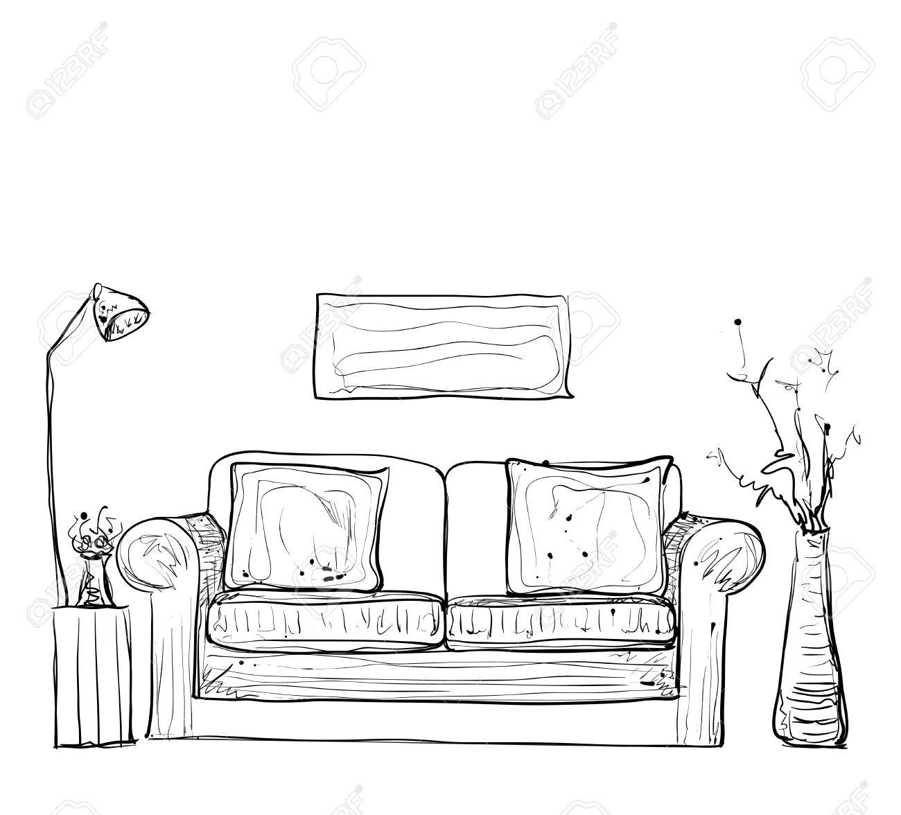 Sala De Dibujo Interior. Dibujado A Sofá Y Muebles. Ilustraciones Svg, Vectoriales, Clip Vectorizado Libre De Derechos. Image 58933488.
