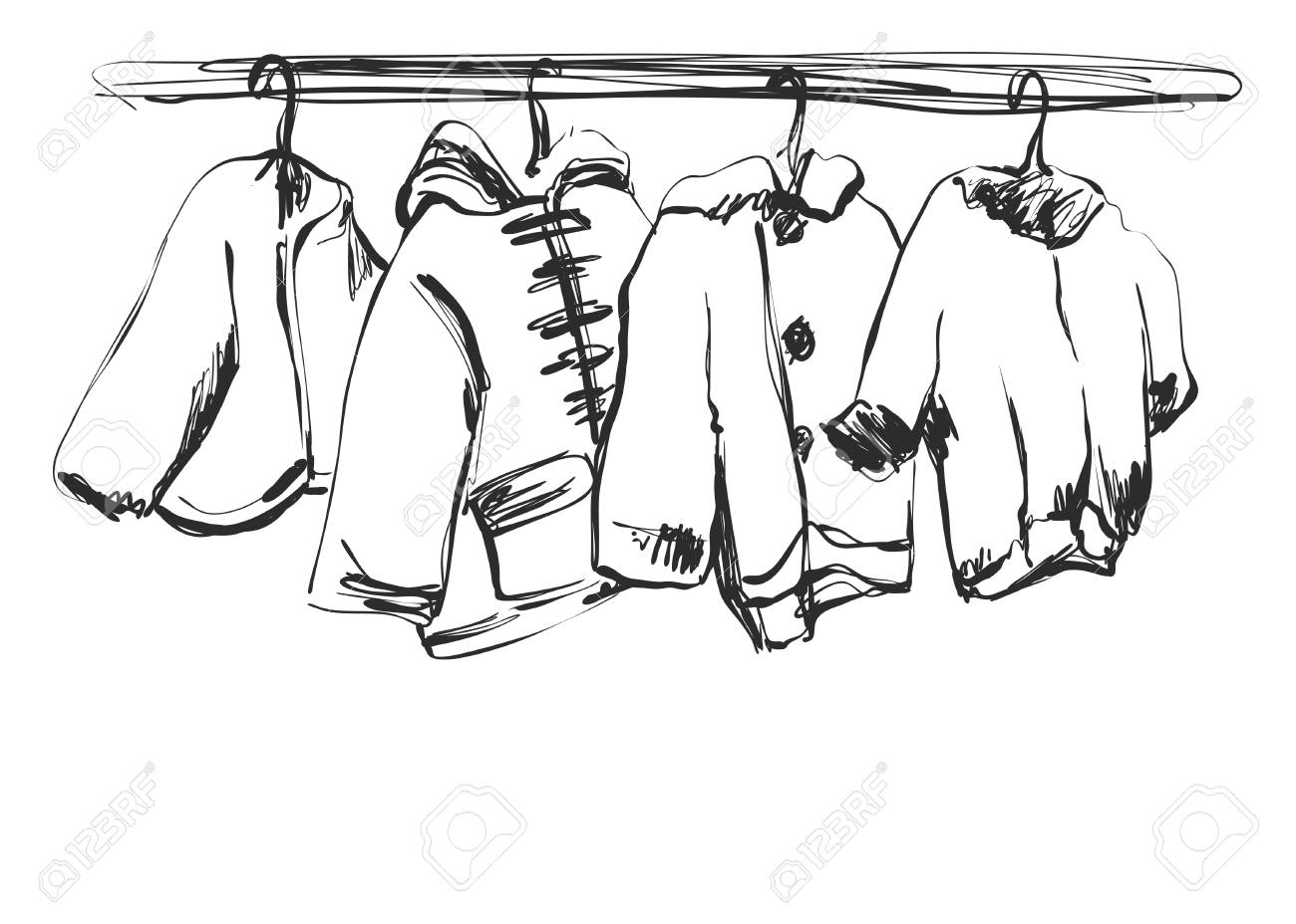 Croquis De Garde Robe Dessine A La Main Vetements De Bebe Sur Le Cintre Clip Art Libres De Droits Vecteurs Et Illustration Image