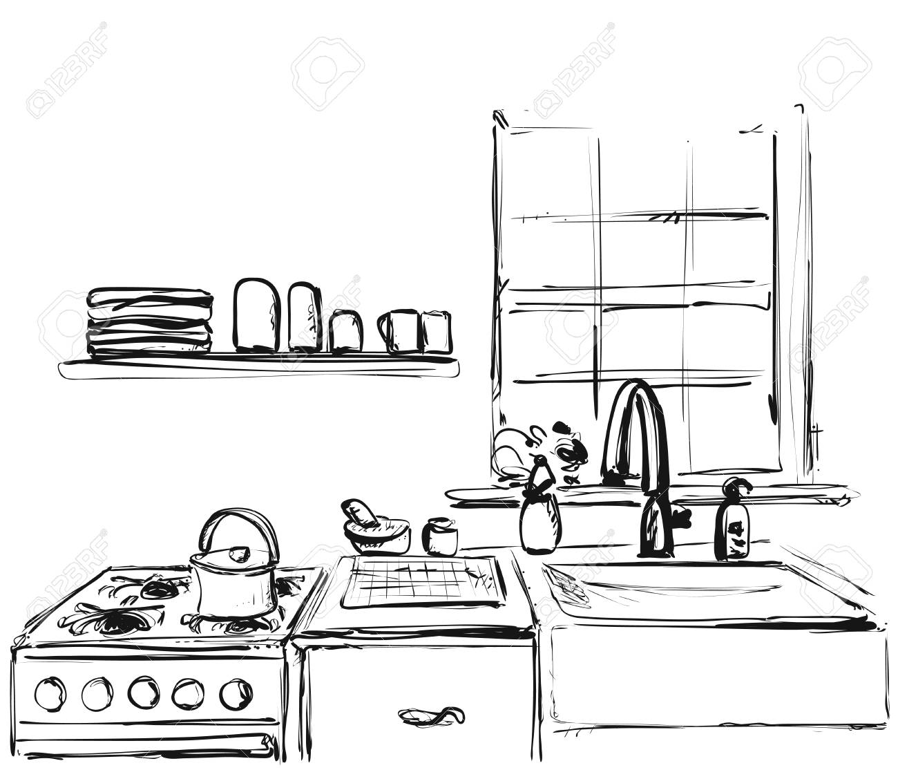 Kitchen Furniture Sketch Hand Drawn Cupboard Interior Stock Vector Kitchen Furniture Sketch Hand Drawn Cupboard Interior Stock Vector