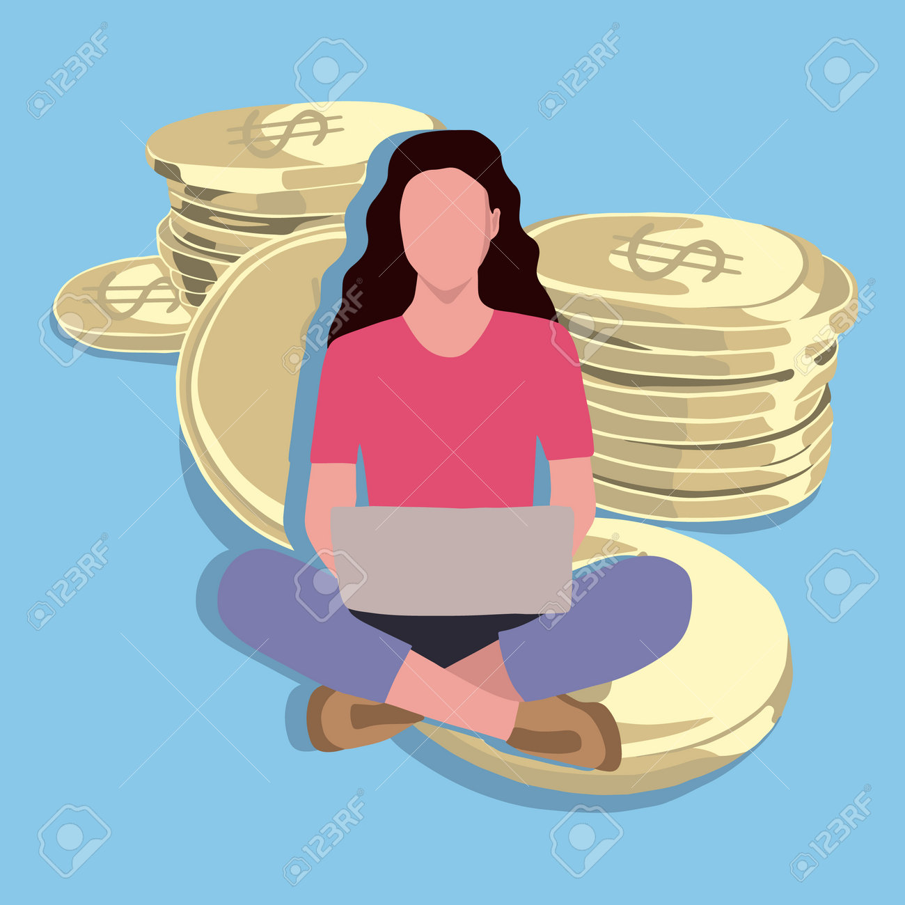 インターネットでお金を稼ぐベクターイラスト。フリーランサーの収益。ラップトップを持った女の子がコインの上に座っています。経済的な成功。のイラスト素材・ベクター  Image 205675891
