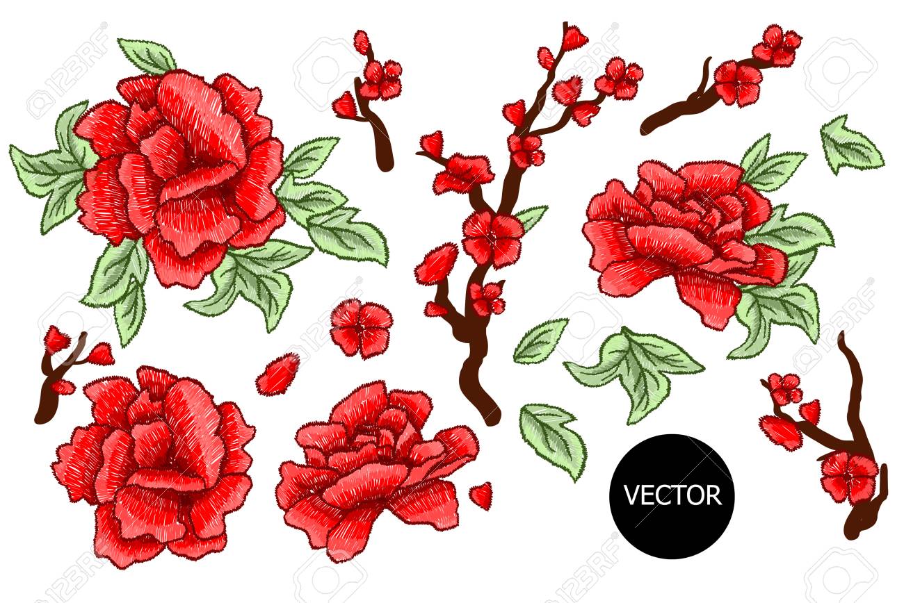 刺繍 さくらの花と葉の分離で刺繍されたデザイン要素です 赤い花 のイラスト素材 ベクタ Image
