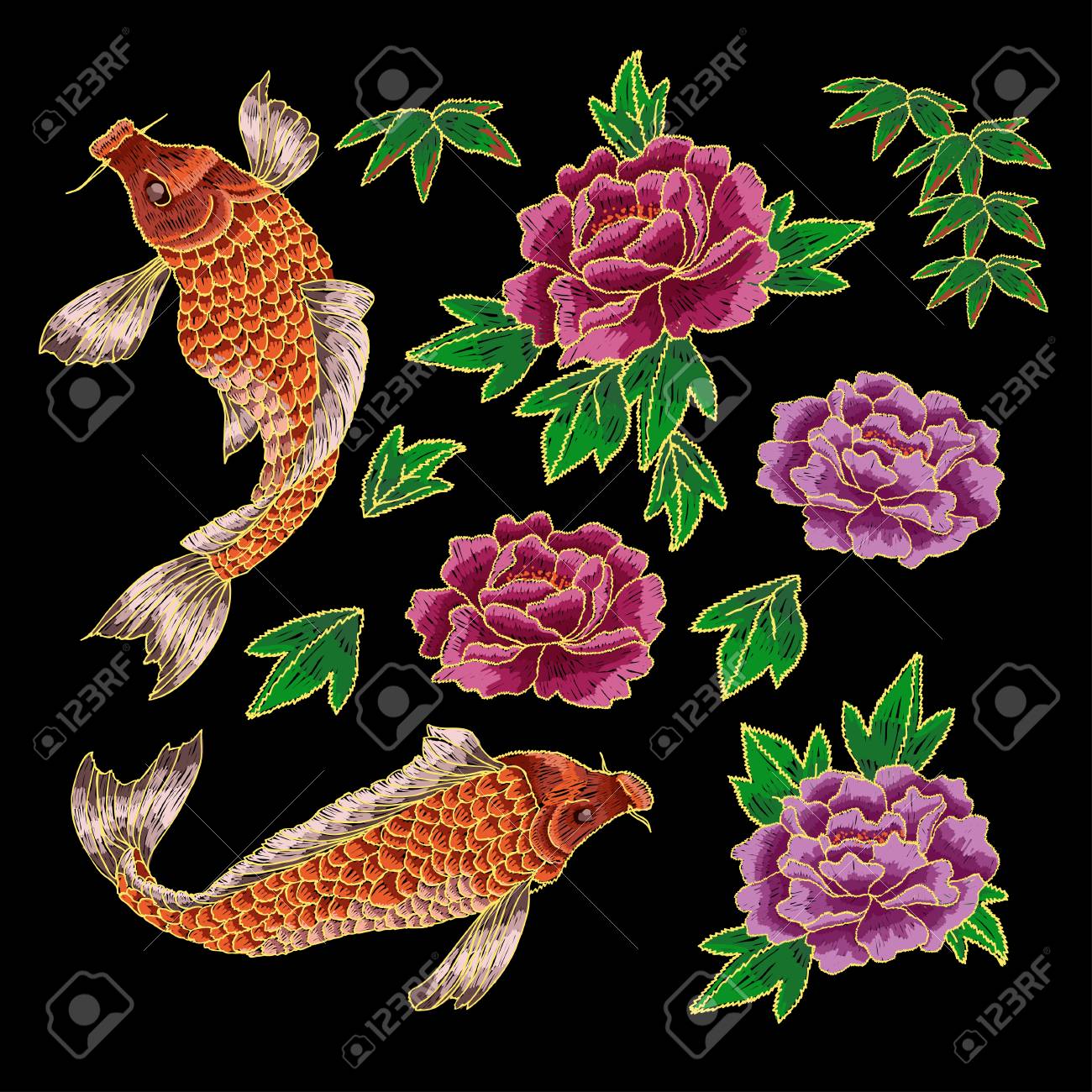 伝統的な日本の鯉と花の刺繍。のイラスト素材・ベクター Image 80258161