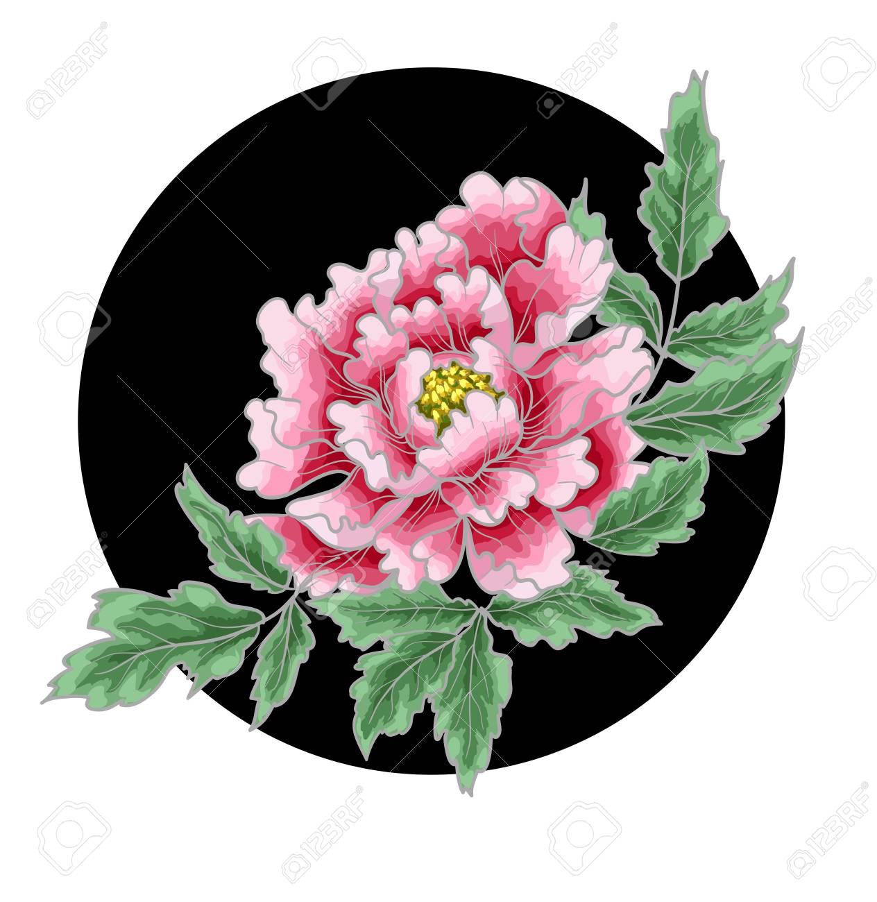 和風の牡丹の花 刺繍や織物のためのパッチは 緑の背景に印刷します のイラスト素材 ベクタ Image 0977