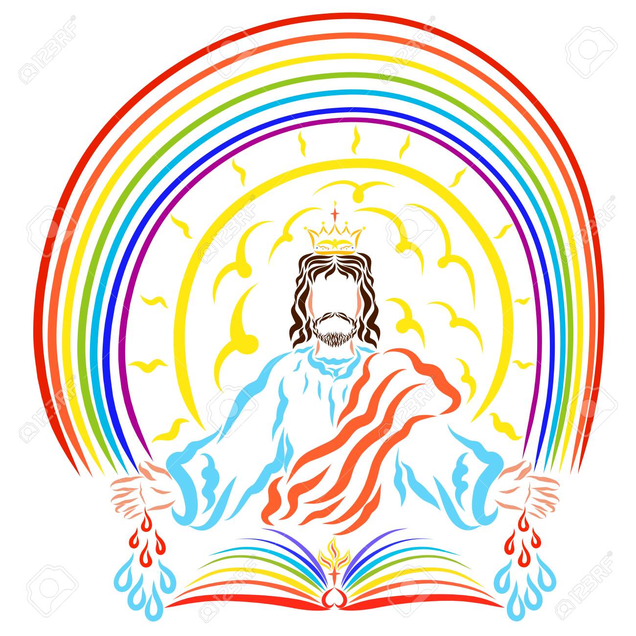King Jesus Under The Rainbow And Over The Open Book Of Life Stock Photo Picture And Royalty Free Image Image
