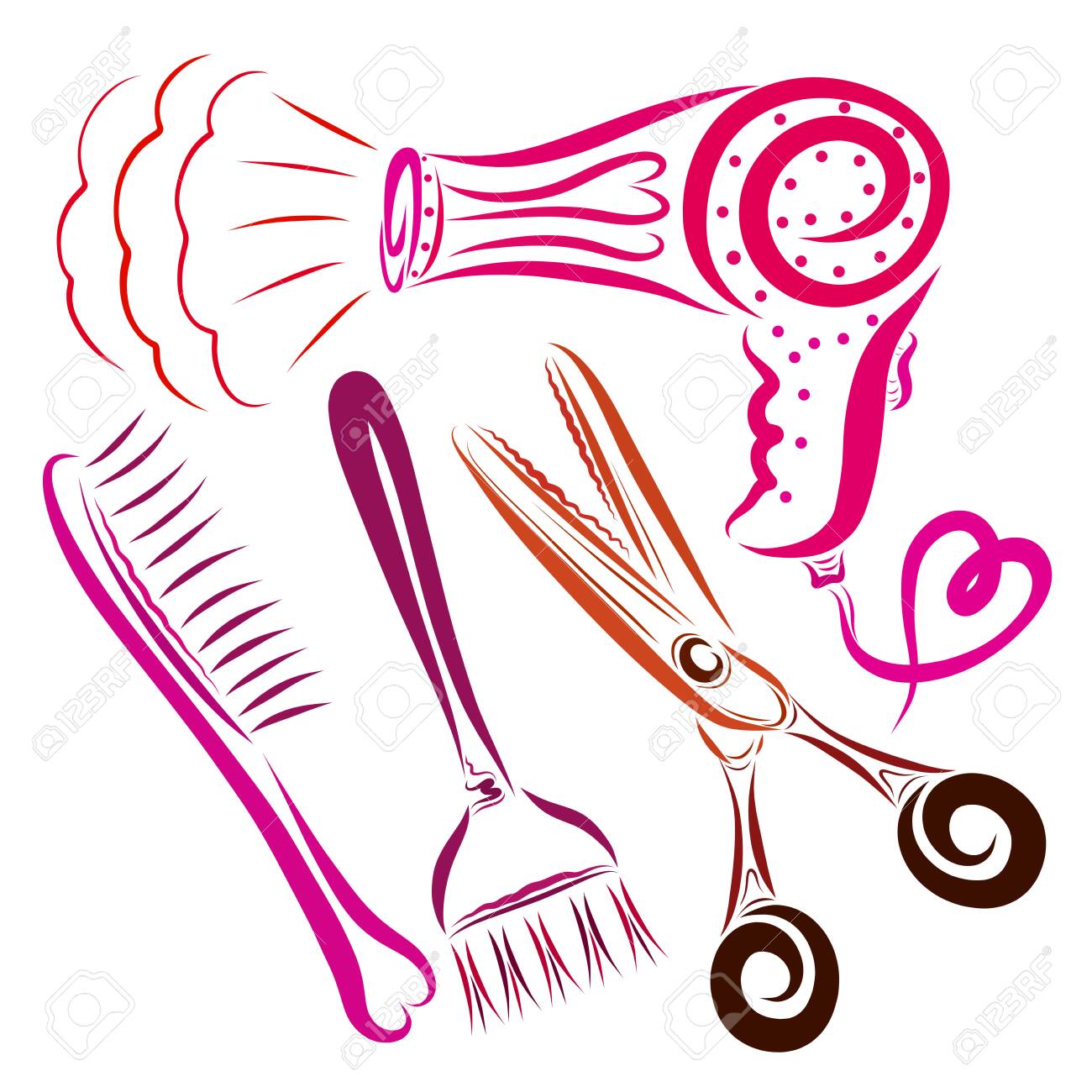 Hair dryer with a heart, a comb, a brush for coloring hair and scissors - 121173191 Hair dryer with a heart, a comb, a brush for coloring hair and scissors - 121173191