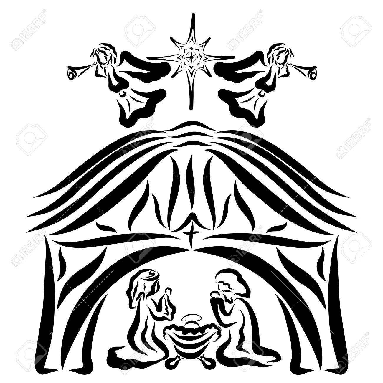 Birth Of Jesus Christ, Mary And Joseph, Angels With Trumpets.. Stock Photo,  Picture And Royalty Free Image. Image 121244590.