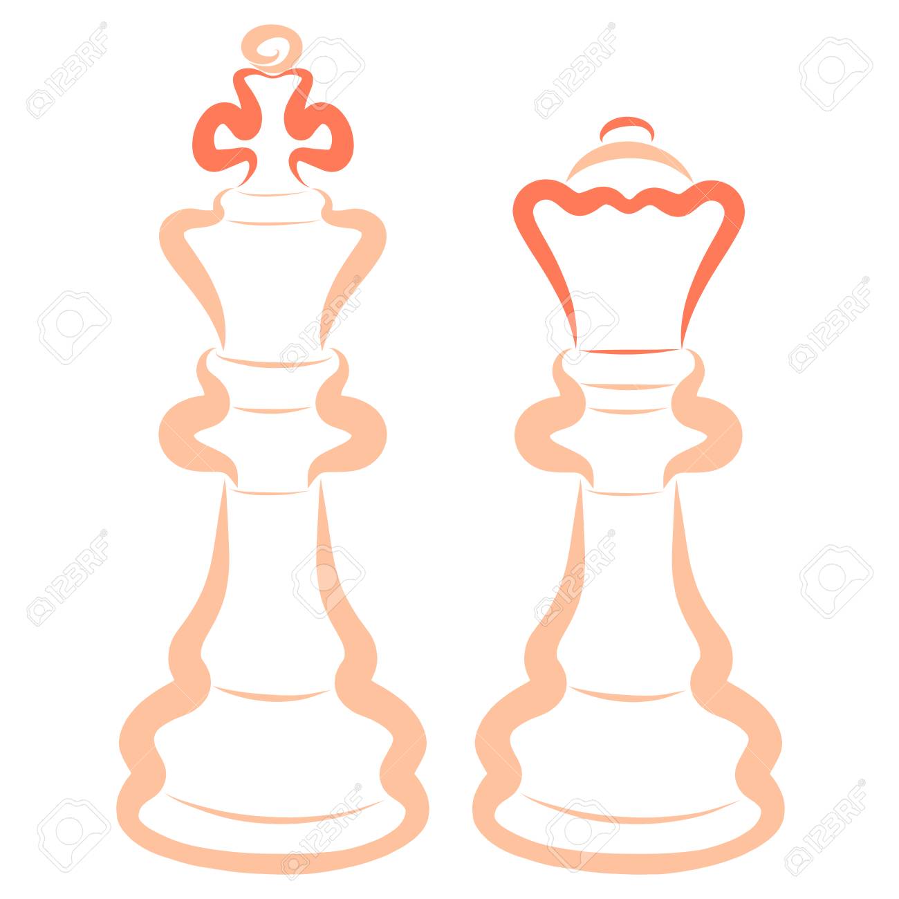 Two Light Chess Pieces King And Queen Color Outline Stock Photo