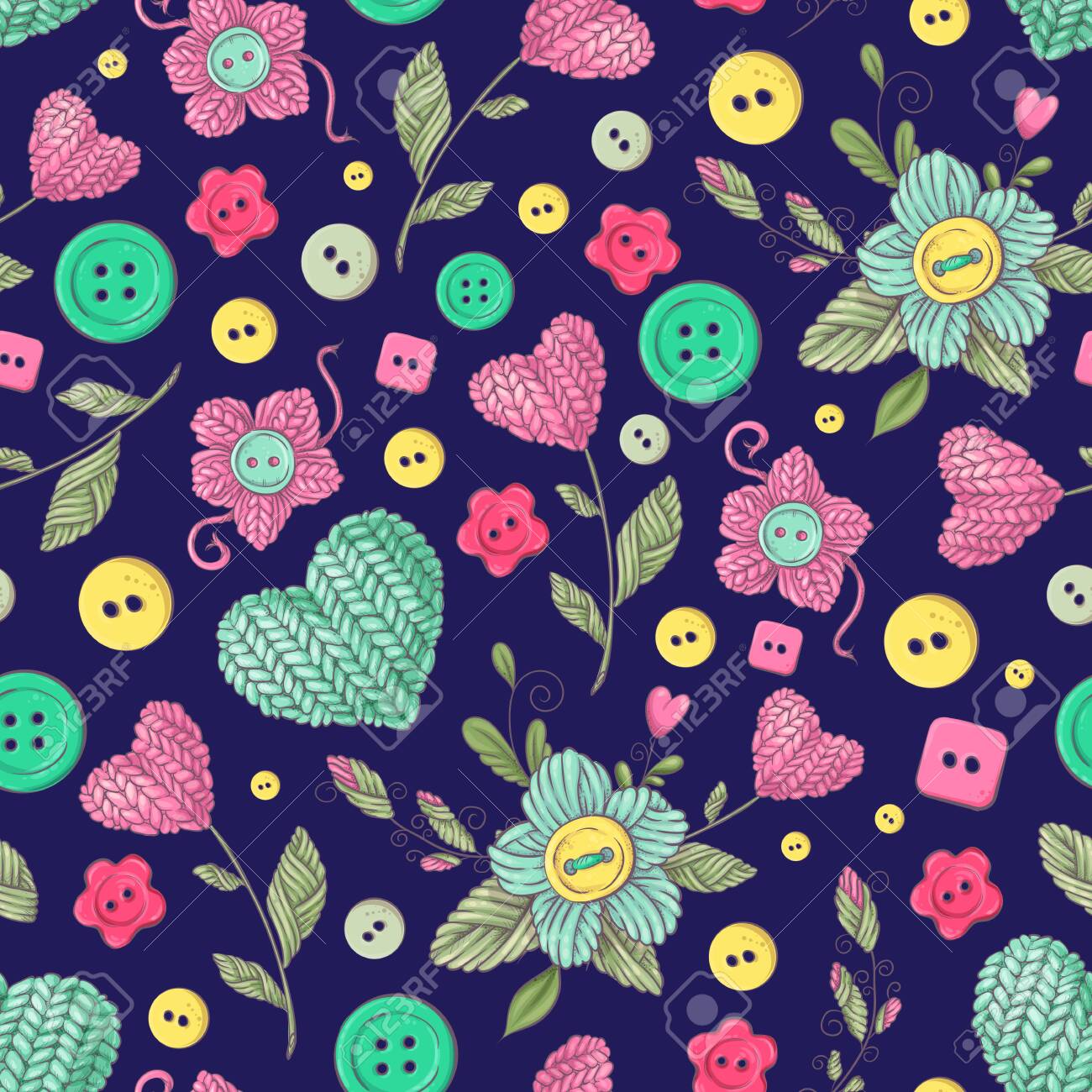 Seamless Pattern Handmade Knitted Flowers And Elements And Accessories