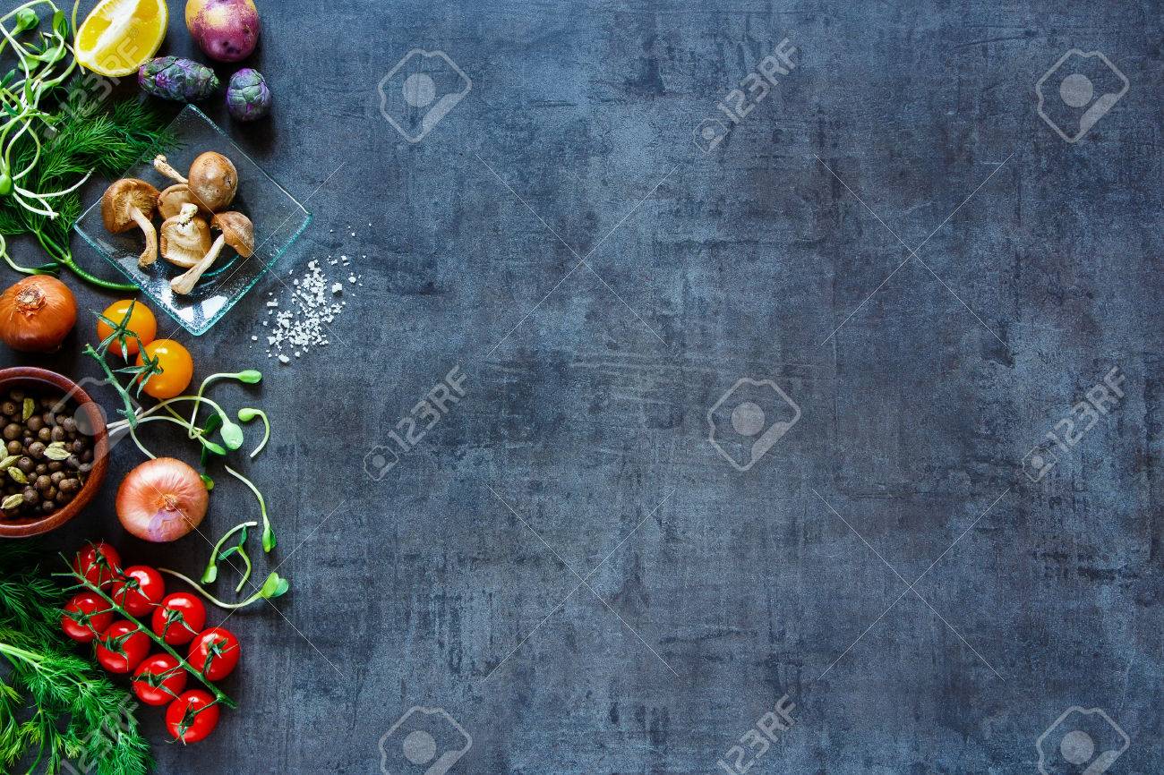Raw organic vegetables with fresh ingredients for healthily cooking on vintage background, top view, banner. - 54733077 Raw organic vegetables with fresh ingredients for healthily cooking on vintage background, top view, banner. - 54733077