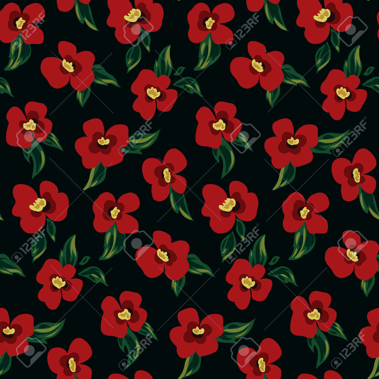Seamless Pattern With A Simple Floral Arrangement. Vintage Floral Print  With Small Red Flowers, Green Leaves On A Dark Background. Romantic Floral  Pattern On A Dark Background. Vector. Клипарты, SVG, векторы, и