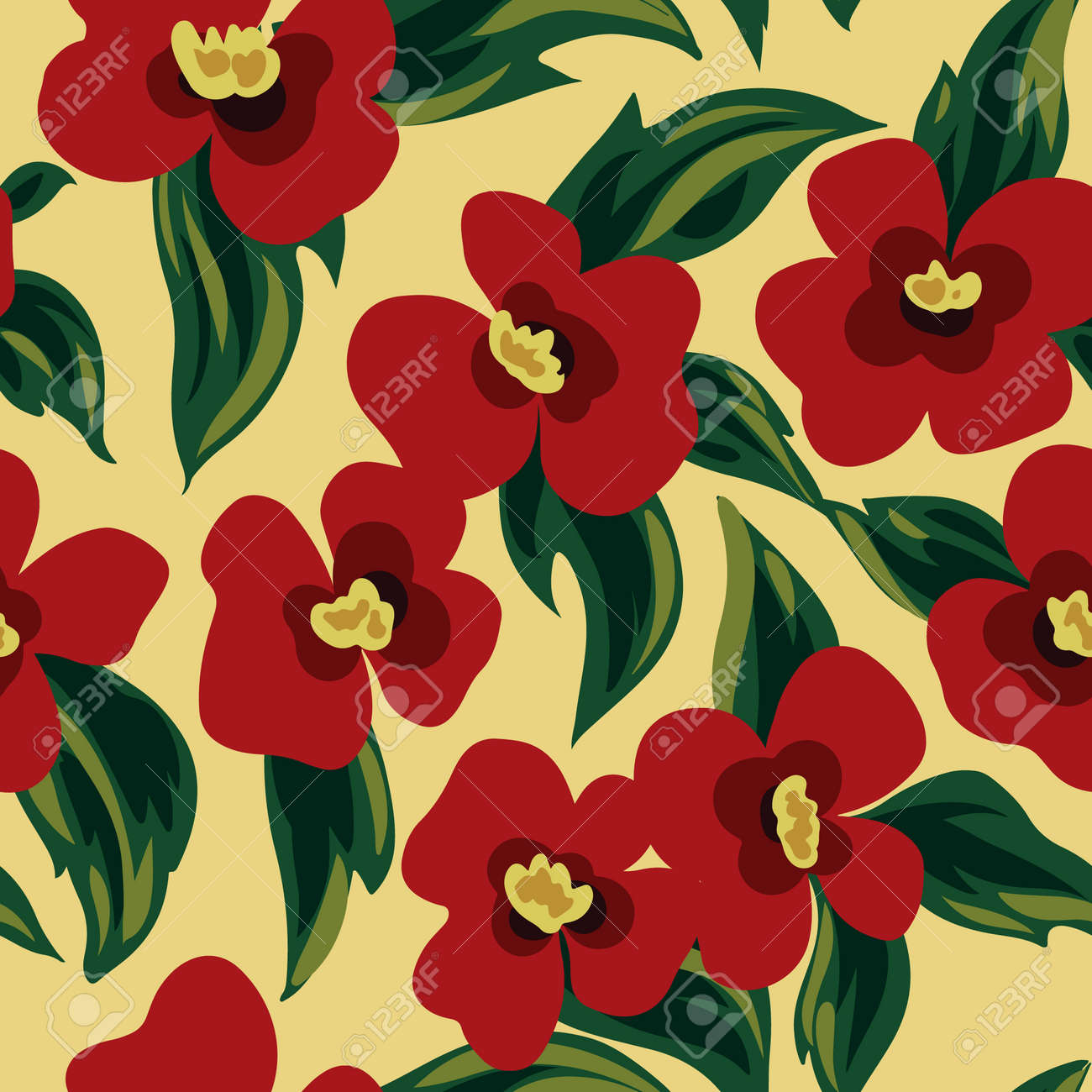 Seamless Pattern, Floral Print With Simple Flowers In Vintage Style.  Old-fashioned Floral Background With Small Red Flowers, Green Leaves. Simple  Romantic Design. Vector. Клипарты, SVG, векторы, и Набор Иллюстраций Без  Оплаты Отчислений.