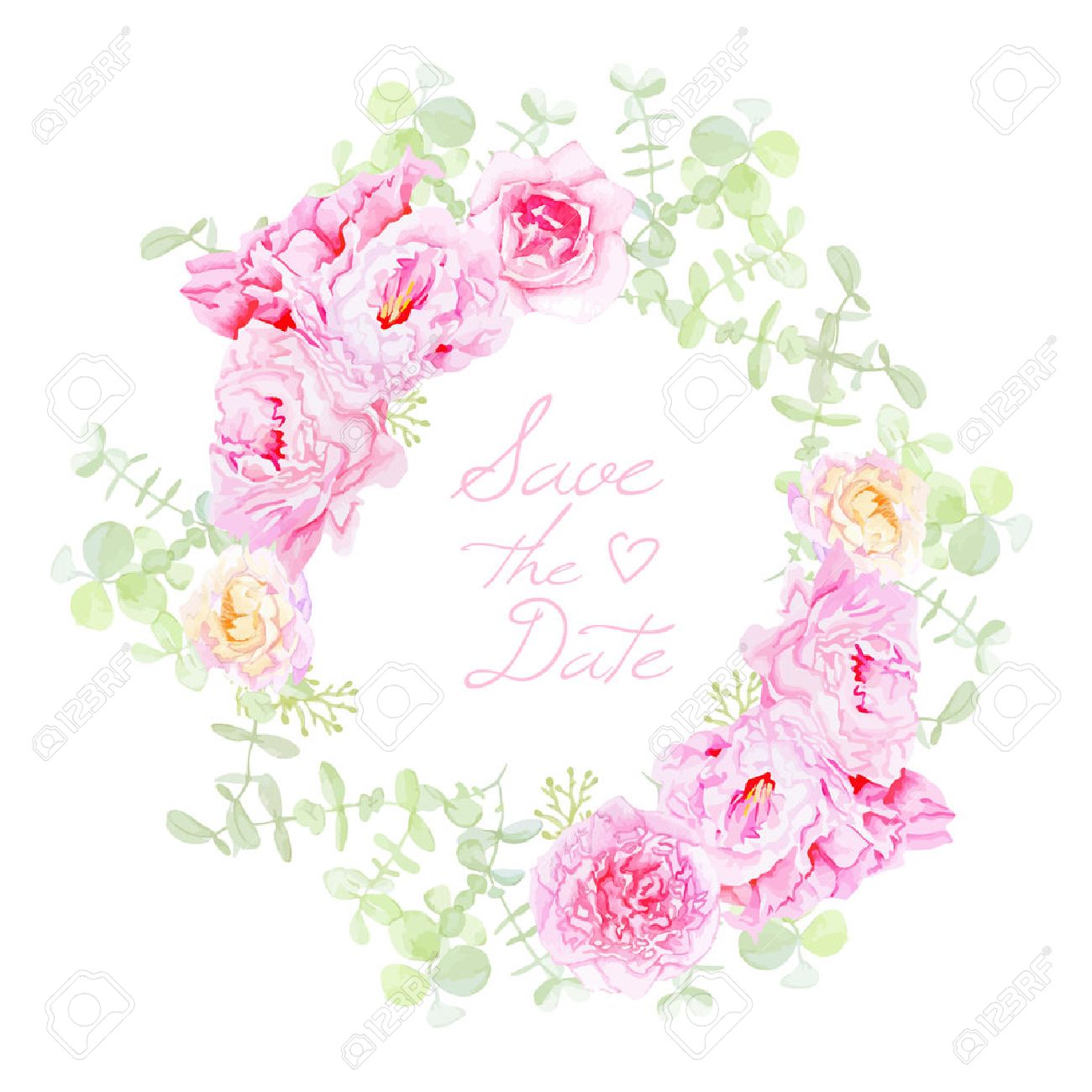 delicate peonies wreath round vector frame save the date wedding