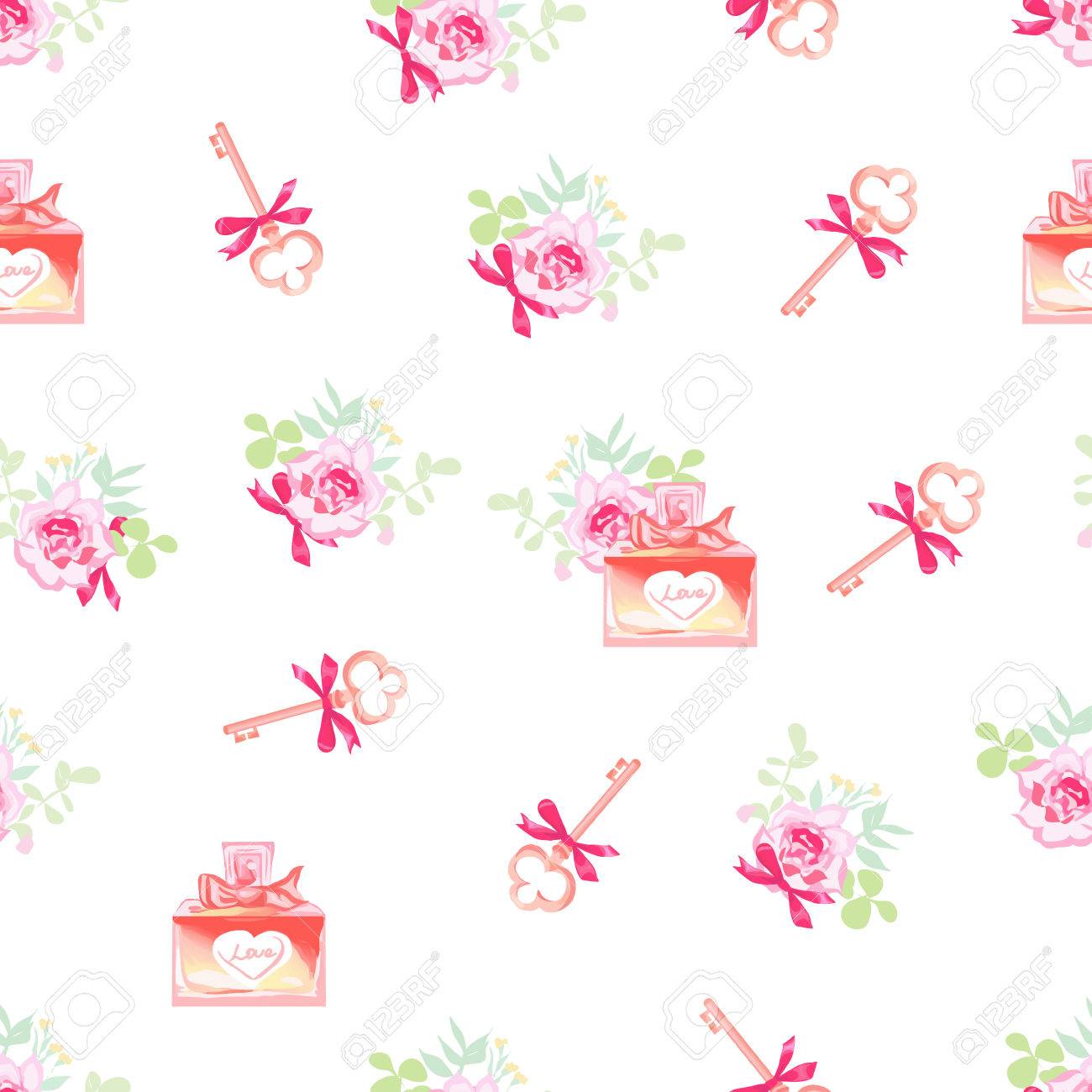 かわいい香水瓶と秘密鍵花のシームレスなベクトル パターン パリ風デザイン印刷 のイラスト素材 ベクタ Image
