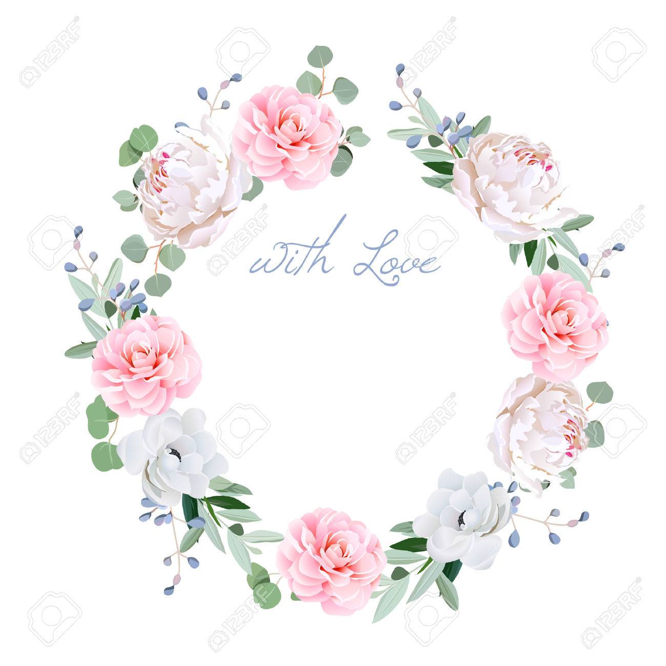 Spring fresh peony, anemone, camellia, brunia flowers and eucaliptis leaves round frame. All elements are isolated and editable. - 54494281 Spring fresh peony, anemone, camellia, brunia flowers and eucaliptis leaves round frame. All elements are isolated and editable. - 54494281