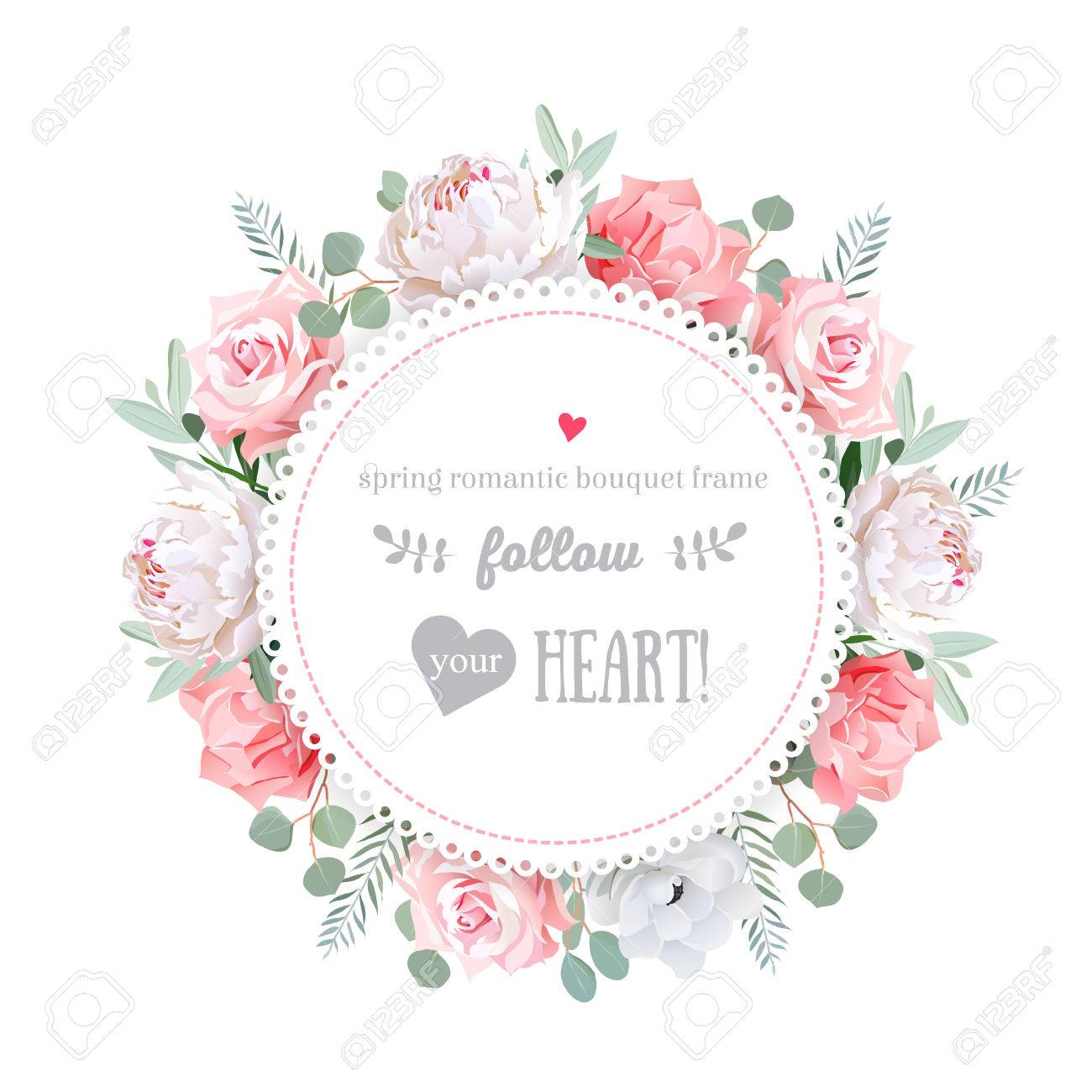 Delicate wedding floral design frame. Peony, rose, anemone, pink flowers. Colorful floral objects. All elements are isolated and editable. - 55728584 Delicate wedding floral design frame. Peony, rose, anemone, pink flowers. Colorful floral objects. All elements are isolated and editable. - 55728584