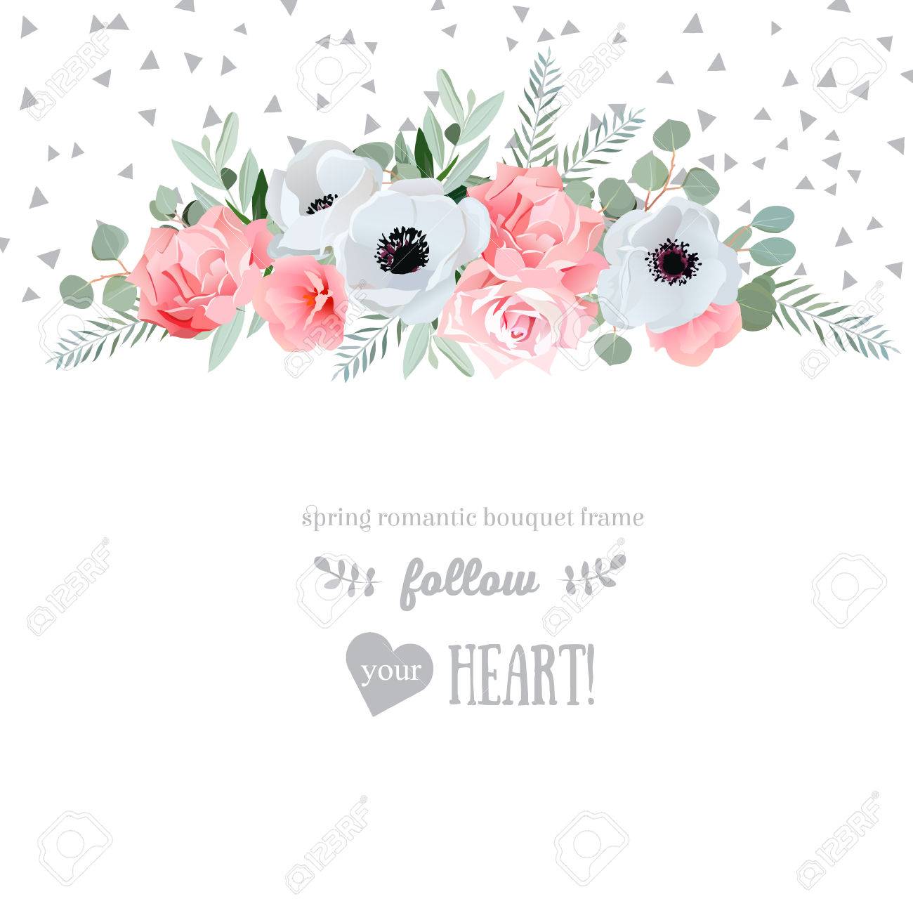 Anemone, rose, pink flowers and decorative eucaliptus leaves design card. Speckled triangle confetti backdrop. All elements are isolated and editable. - 55728590 Anemone, rose, pink flowers and decorative eucaliptus leaves design card. Speckled triangle confetti backdrop. All elements are isolated and editable. - 55728590