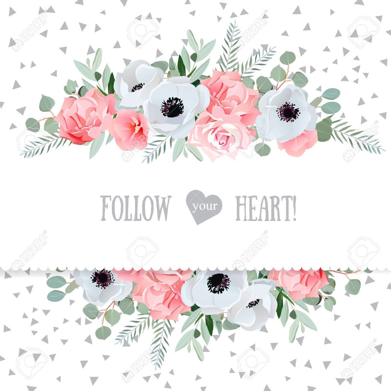 Anemone, rose, pink flowers and decorative eucaliptus leaves mirrored design card. Speckled triangle confetti backdrop. All elements are isolated and editable. - 55736402 Anemone, rose, pink flowers and decorative eucaliptus leaves mirrored design card. Speckled triangle confetti backdrop. All elements are isolated and editable. - 55736402