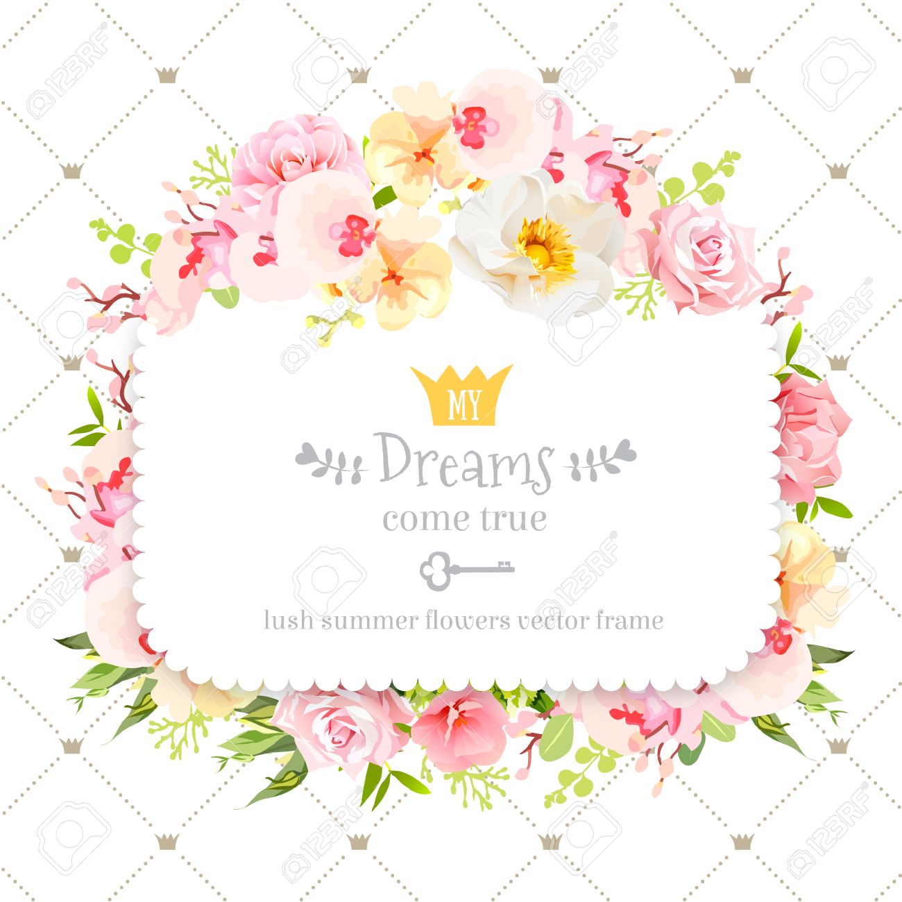 花柄スクエア フレーム 蘭 ワイルド ローズ 椿の花 新鮮な緑の葉 フェミニンな夏の装飾 斜めの線と小さなプリンセス クラウンする簡単な背景 の イラスト素材 ベクタ Image