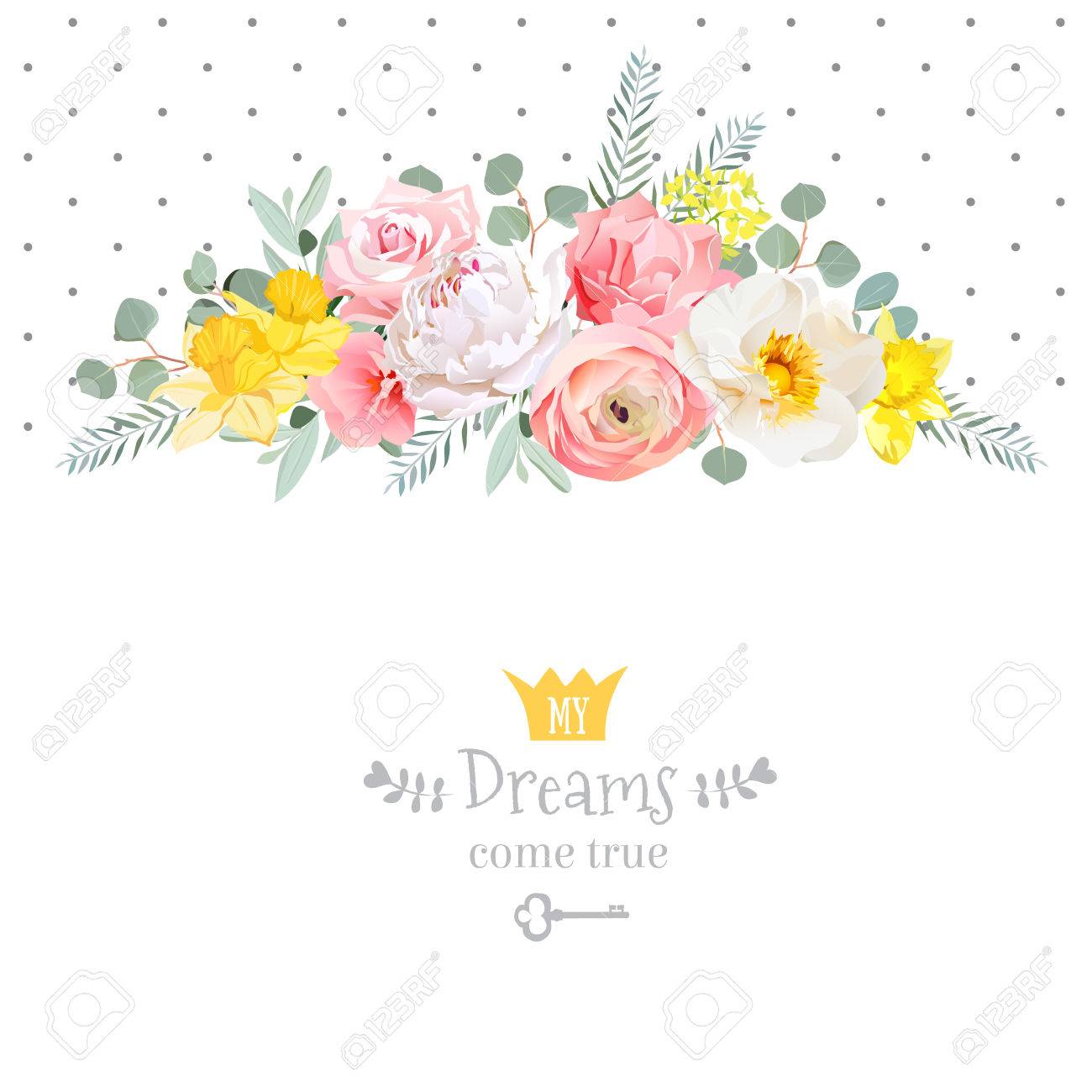 Rose, narcissus, pink flowers, ranunculus and decorative eucaliptus leaves design card. Polka dots backdrop. All elements are isolated and editable. - 67822971 Rose, narcissus, pink flowers, ranunculus and decorative eucaliptus leaves design card. Polka dots backdrop. All elements are isolated and editable. - 67822971