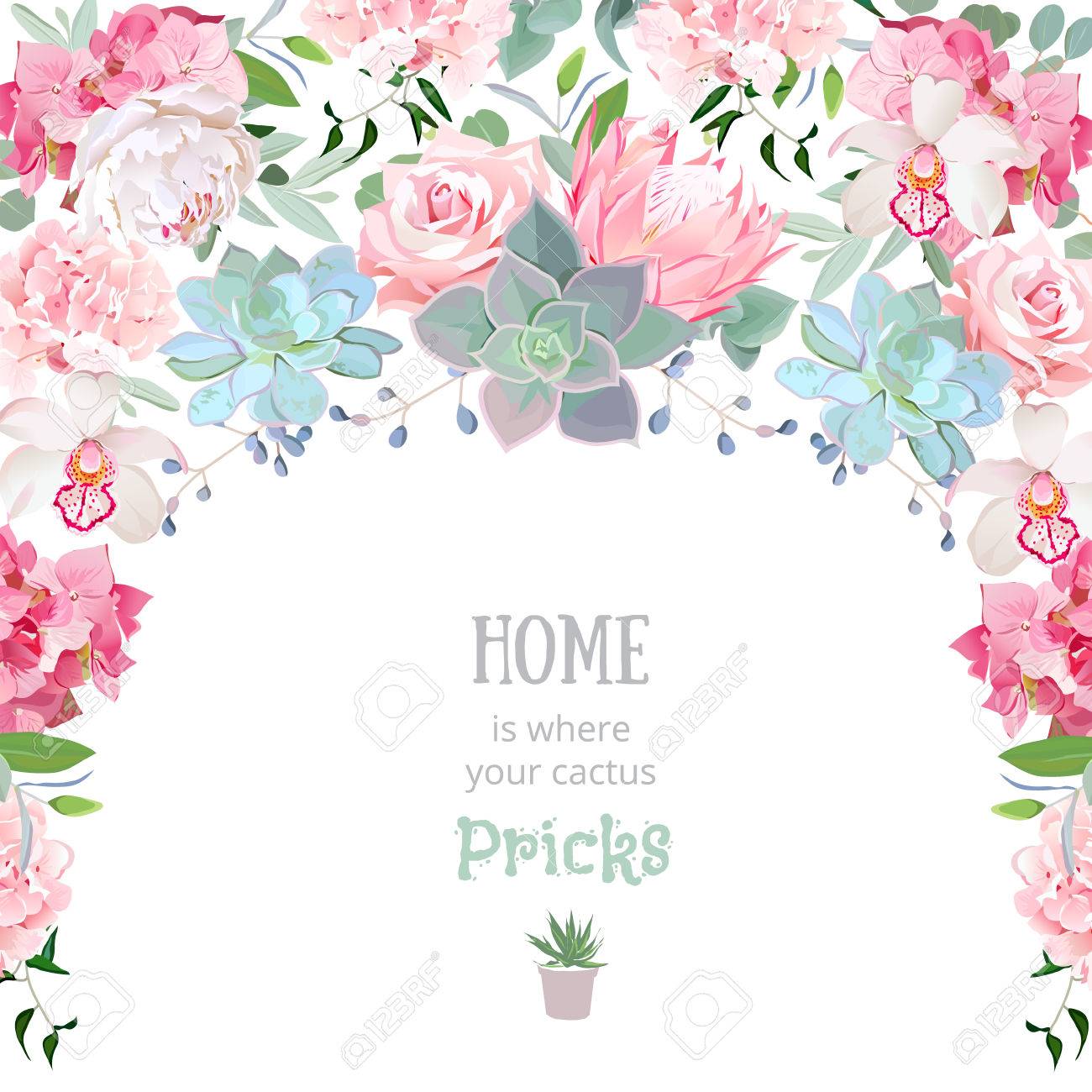 Semicircle garland frame with succulents, protea, rose, peony, orchid, echeveria, hydrangea, green plants. Cute wedding floral vector design. - 66769398 Semicircle garland frame with succulents, protea, rose, peony, orchid, echeveria, hydrangea, green plants. Cute wedding floral vector design. - 66769398