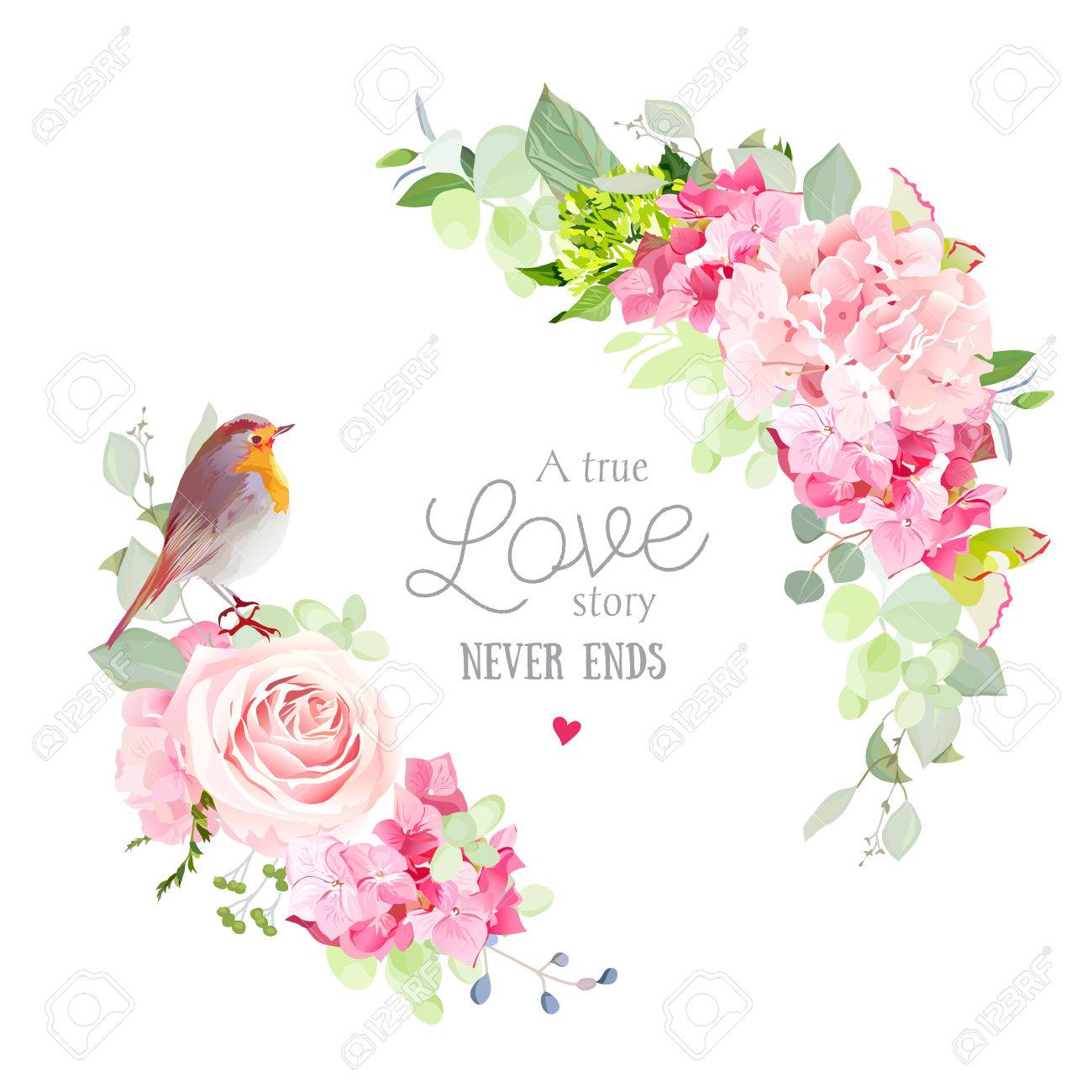 Floral vector round frame with pink rose, hydrangea, carnation flowers, mixed plants and cute small robin bird. Half moon shape bouquets. All elements are isolated and editable - 71320436 Floral vector round frame with pink rose, hydrangea, carnation flowers, mixed plants and cute small robin bird. Half moon shape bouquets. All elements are isolated and editable - 71320436