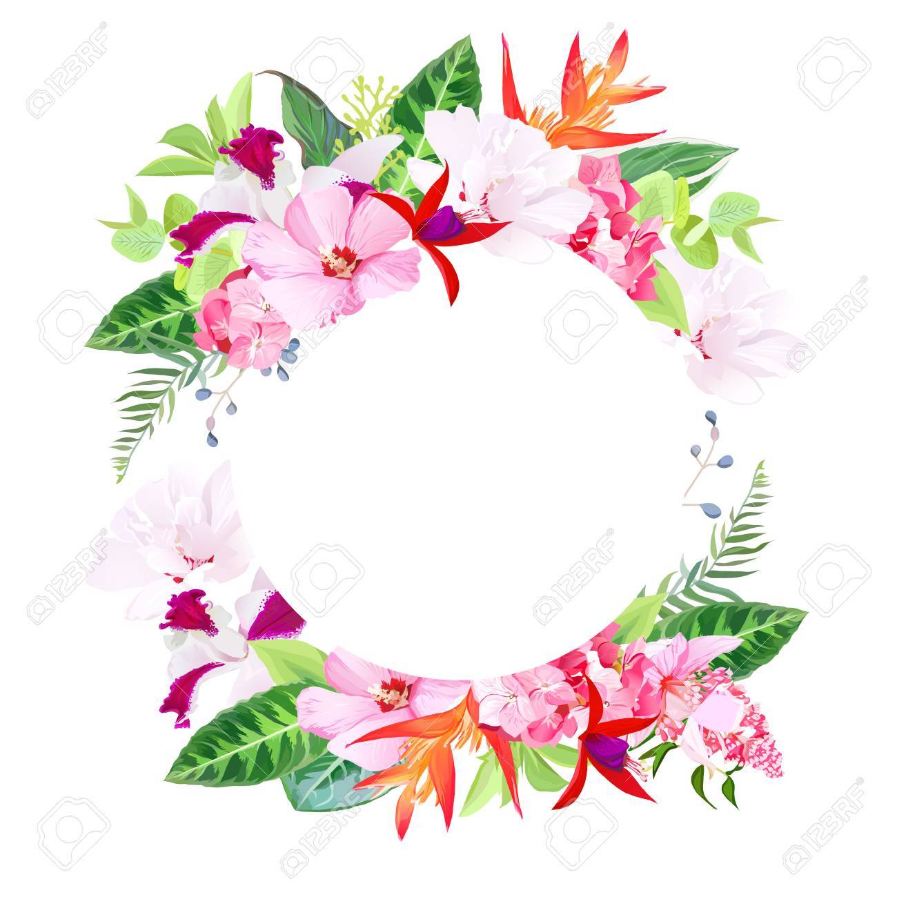 Beach Party Vector Design Round Card Exotic Tropical Flowers