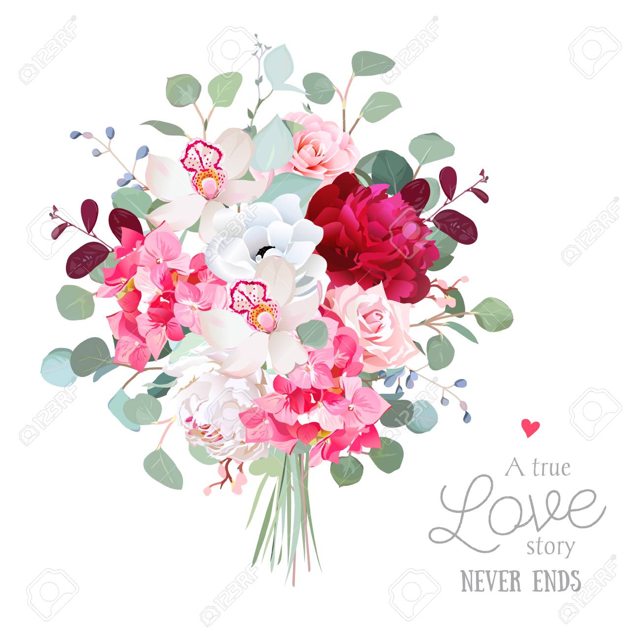 Bouquet De Fleurs De Style Aquarelle Pivoine Rouge Blanche Et Bordeaux Rose Orchidée Anémone Hortensia Rose Eucalyptus Dollar En Argent