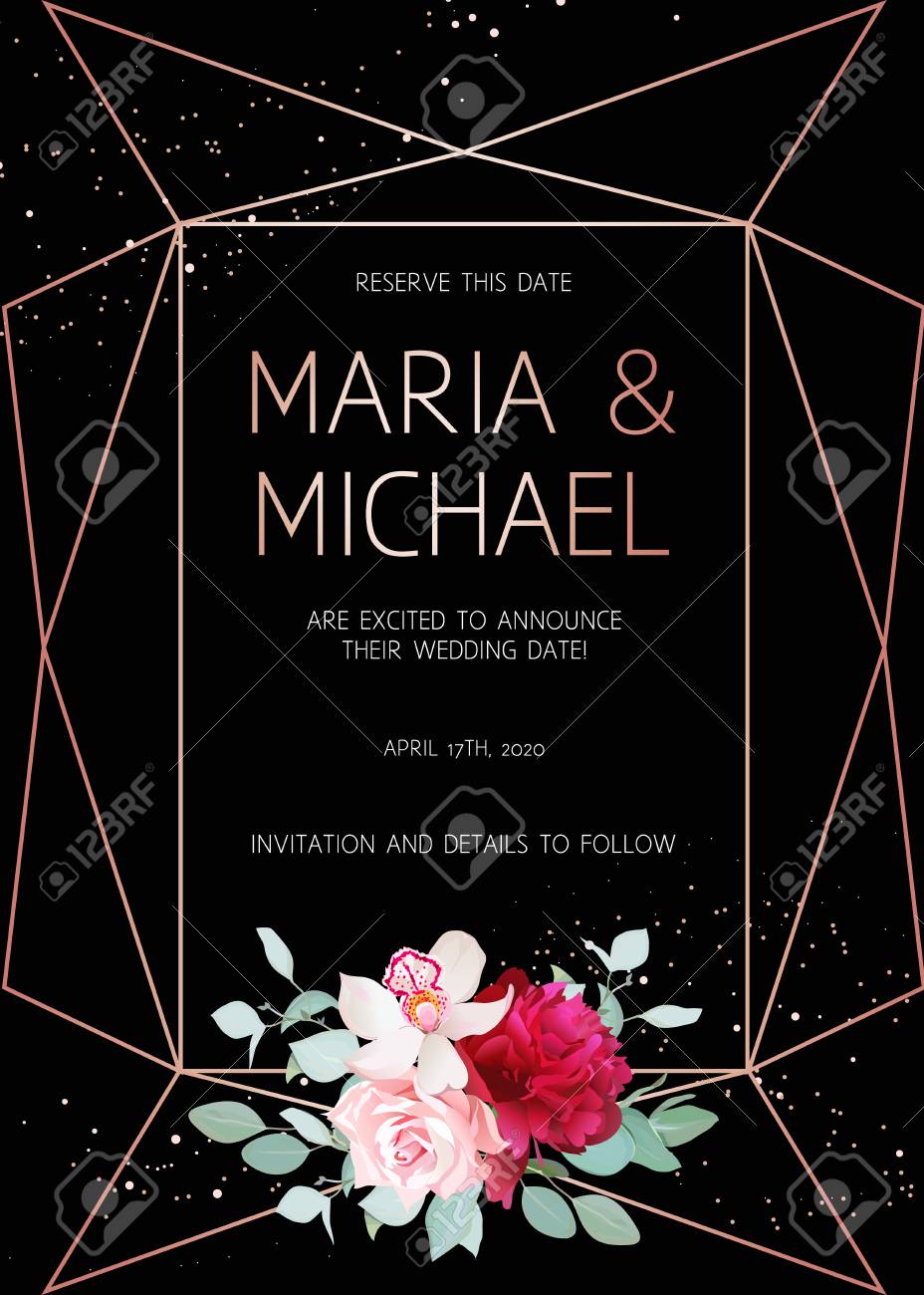 Stylish Dark Geometric Wedding Vector Design Frame With Flowers Golden Line Borders Modern Invitation Burgundy Red Peony Pink Rose Orchid Eucalyptus All Elements Are Isolated And Editable Royalty Free Cliparts Vectors And