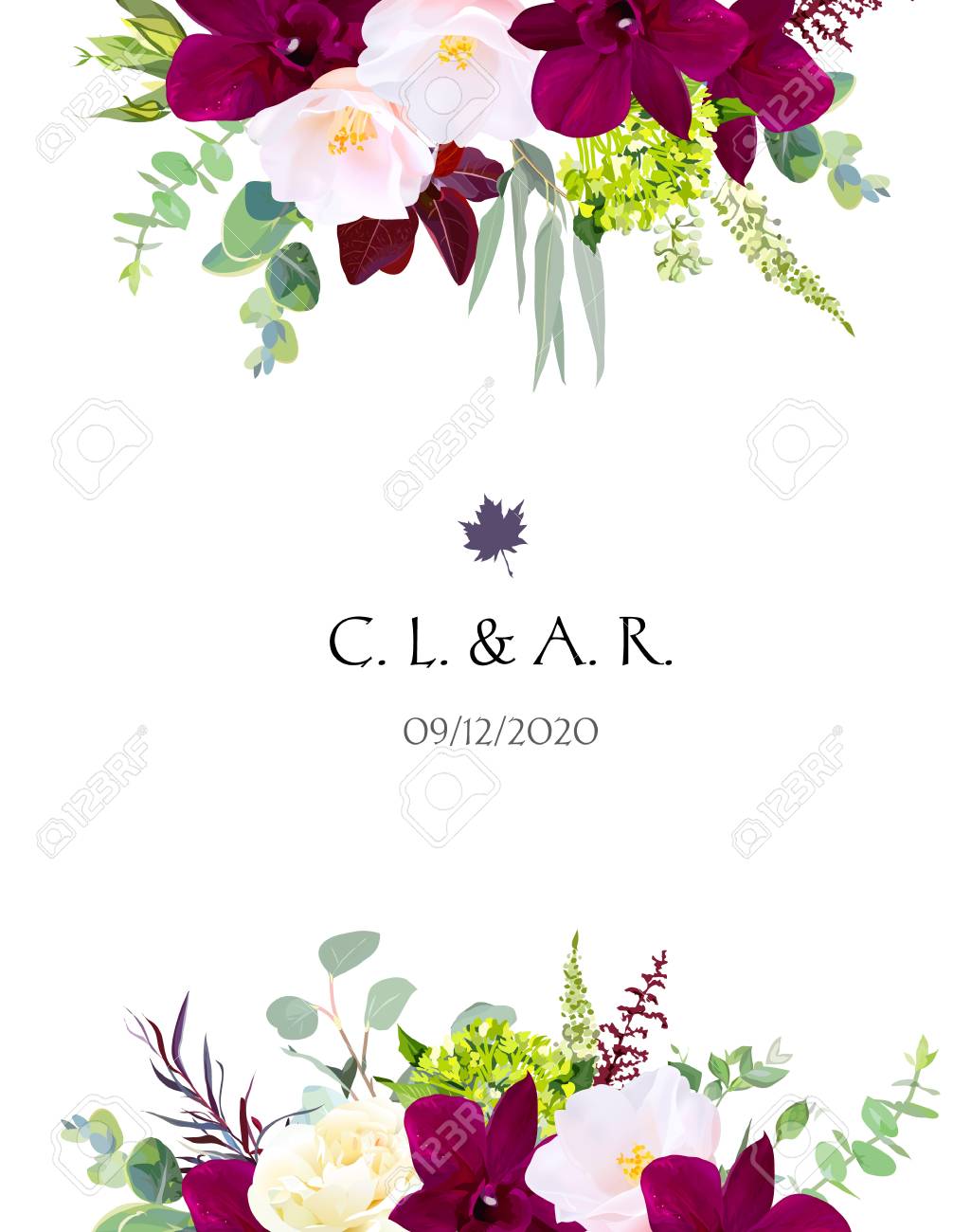 Luxury fall flowers vector design card. Dark orchid, pink camellia,..