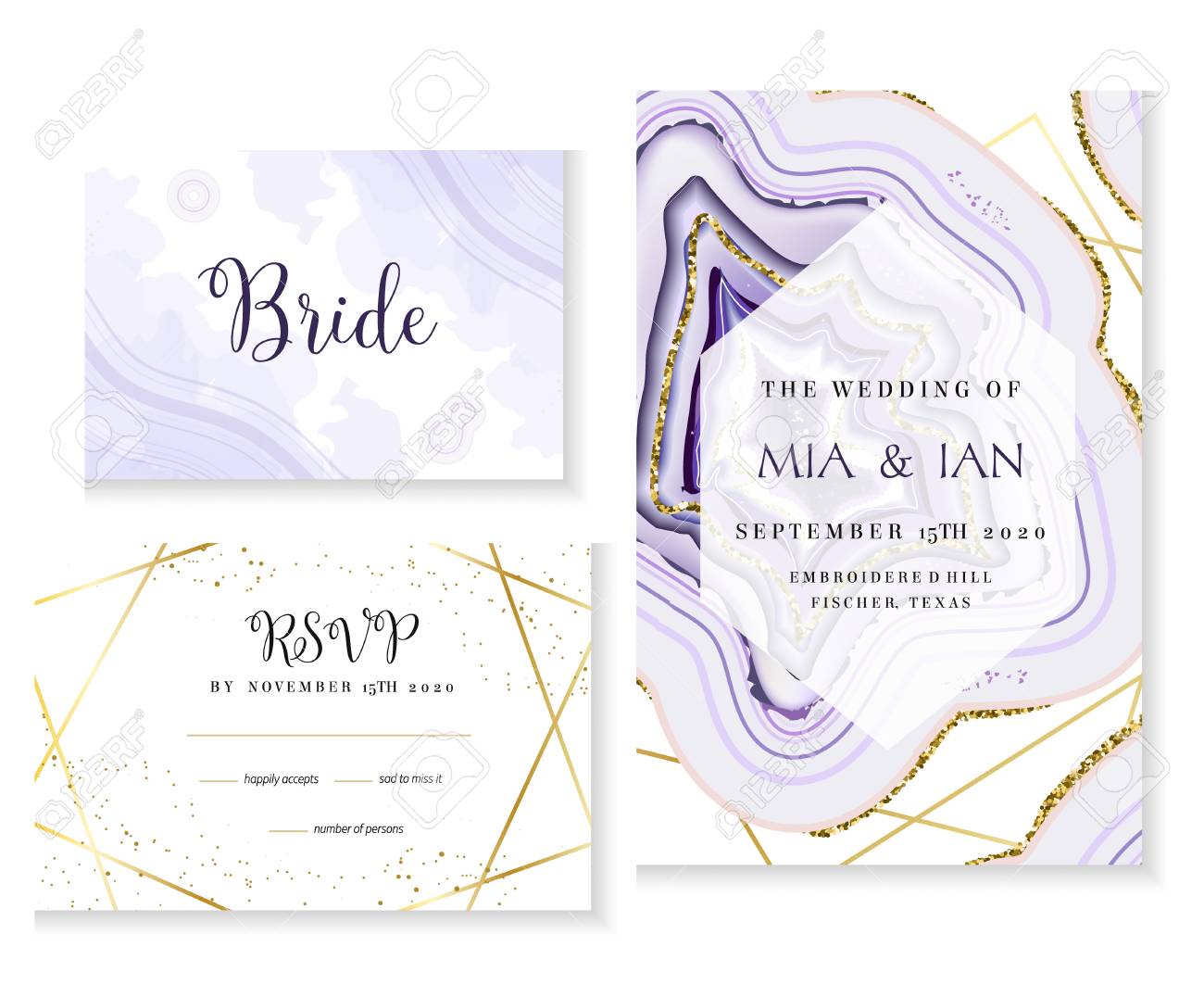 Amethyst crystal geode purple wedding vector cards. Stylish ultraviolet texture frames. Gold line art. Sparkling gems. Natural stone. Trendy glitter invitation. All elements are isolated and editable. - 117336215 Amethyst crystal geode purple wedding vector cards. Stylish ultraviolet texture frames. Gold line art. Sparkling gems. Natural stone. Trendy glitter invitation. All elements are isolated and editable. - 117336215