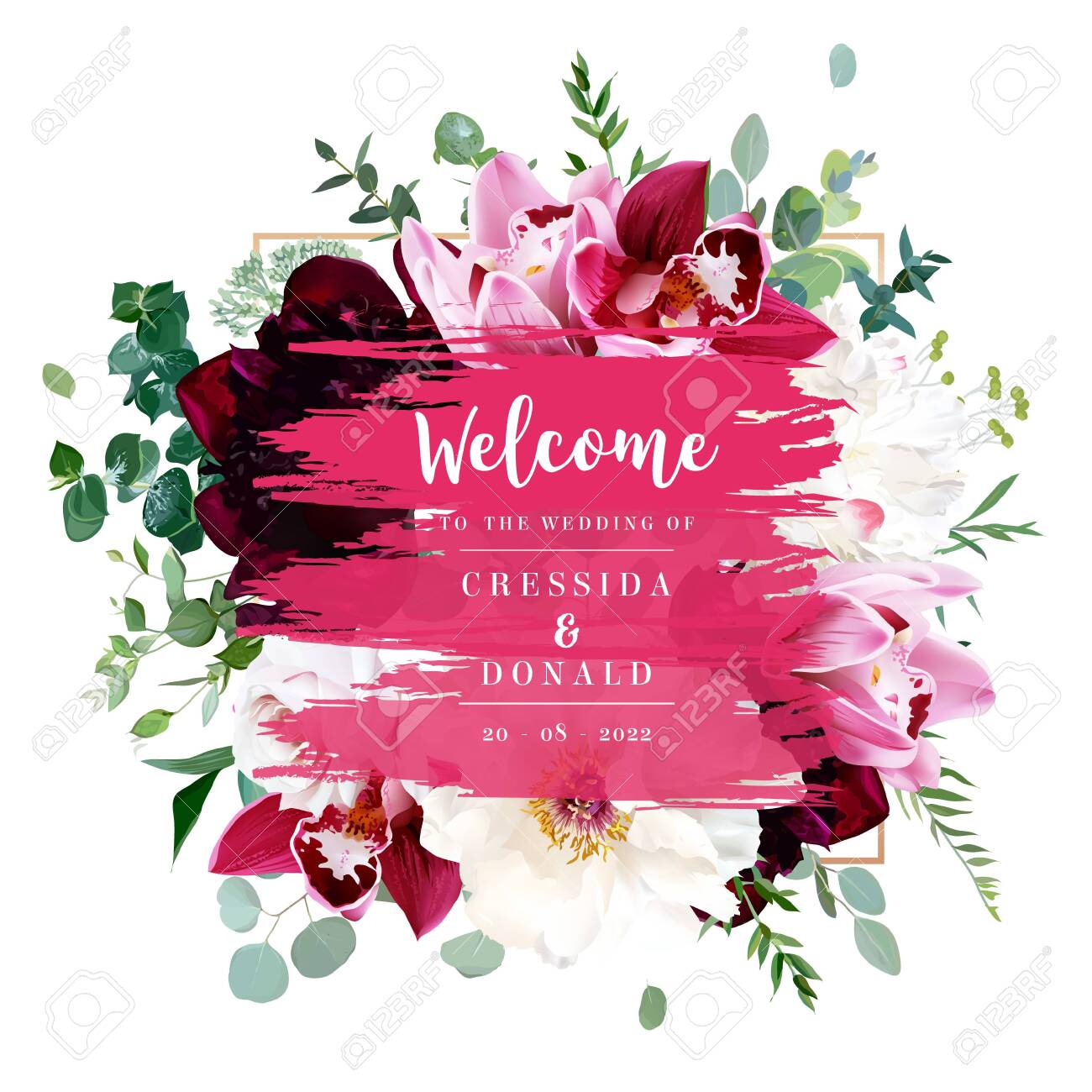 Elegant Floral Vector Card With White And Burgundy Red Peony