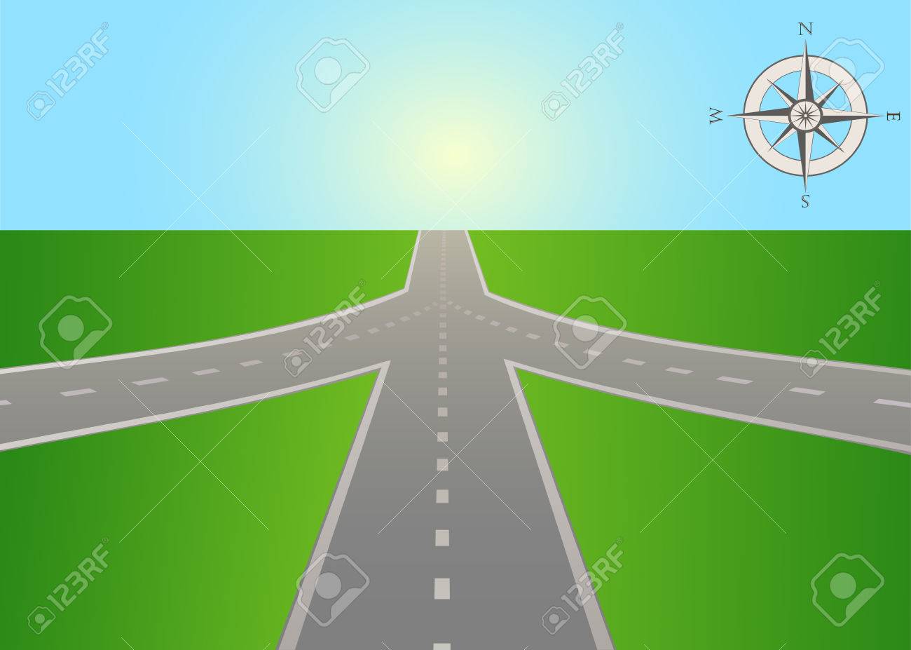 The illustration of road junction on the highway with a compass. Vector is perfect to illustrate the travels, adventures, logistics, navigation, the choice places in life, etc. Horizontal location. - 69005817 The illustration of road junction on the highway with a compass. Vector is perfect to illustrate the travels, adventures, logistics, navigation, the choice places in life, etc. Horizontal location. - 69005817