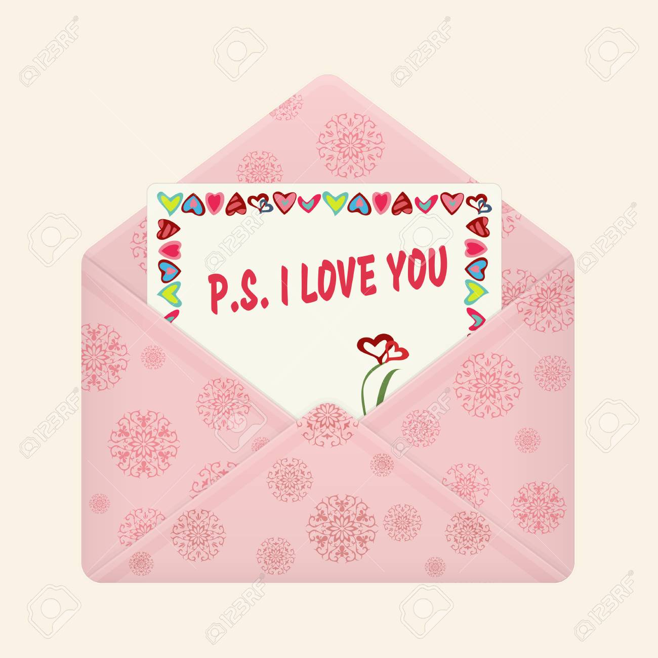 Letter In Open Colorful Envelope. Postcard With A Message: P.S.