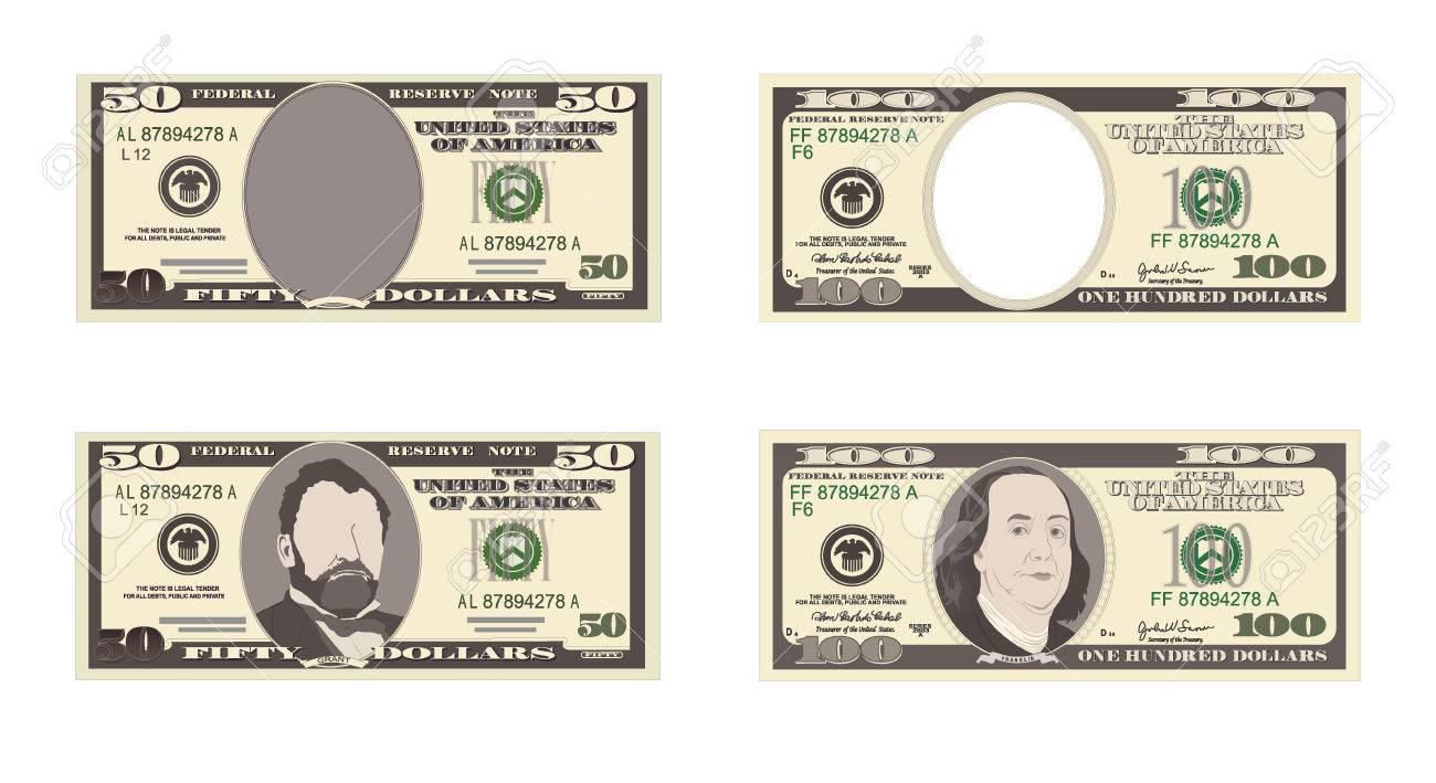 100, 50 달러 지폐입니다. 1 백 50 달러 빌. 할인 카드, 전단지, 쿠폰, 전단지 및 바우처에 적합합니다. 벡터. 미국 대통령  벤자민 프랭클린, 그랜트. 가로. 로열티 무료 사진, 그림, 이미지 그리고 스톡포토그래피. Image