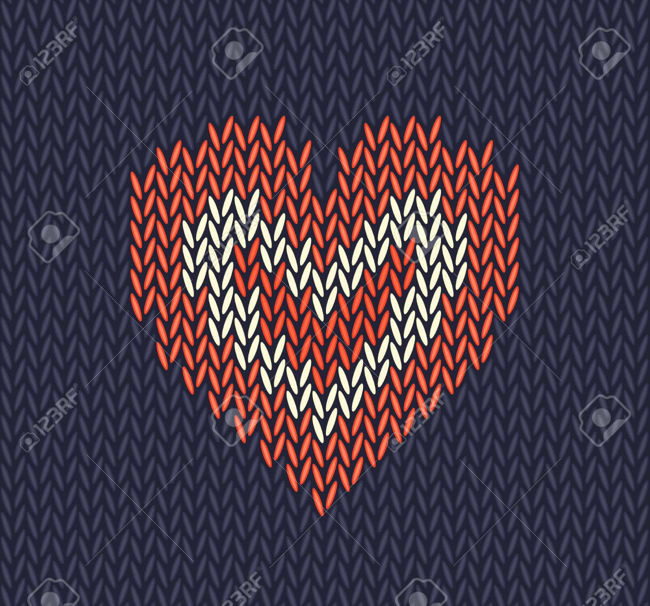 Wool Knitted Pattern With Red Heart On Blue Background Seamless